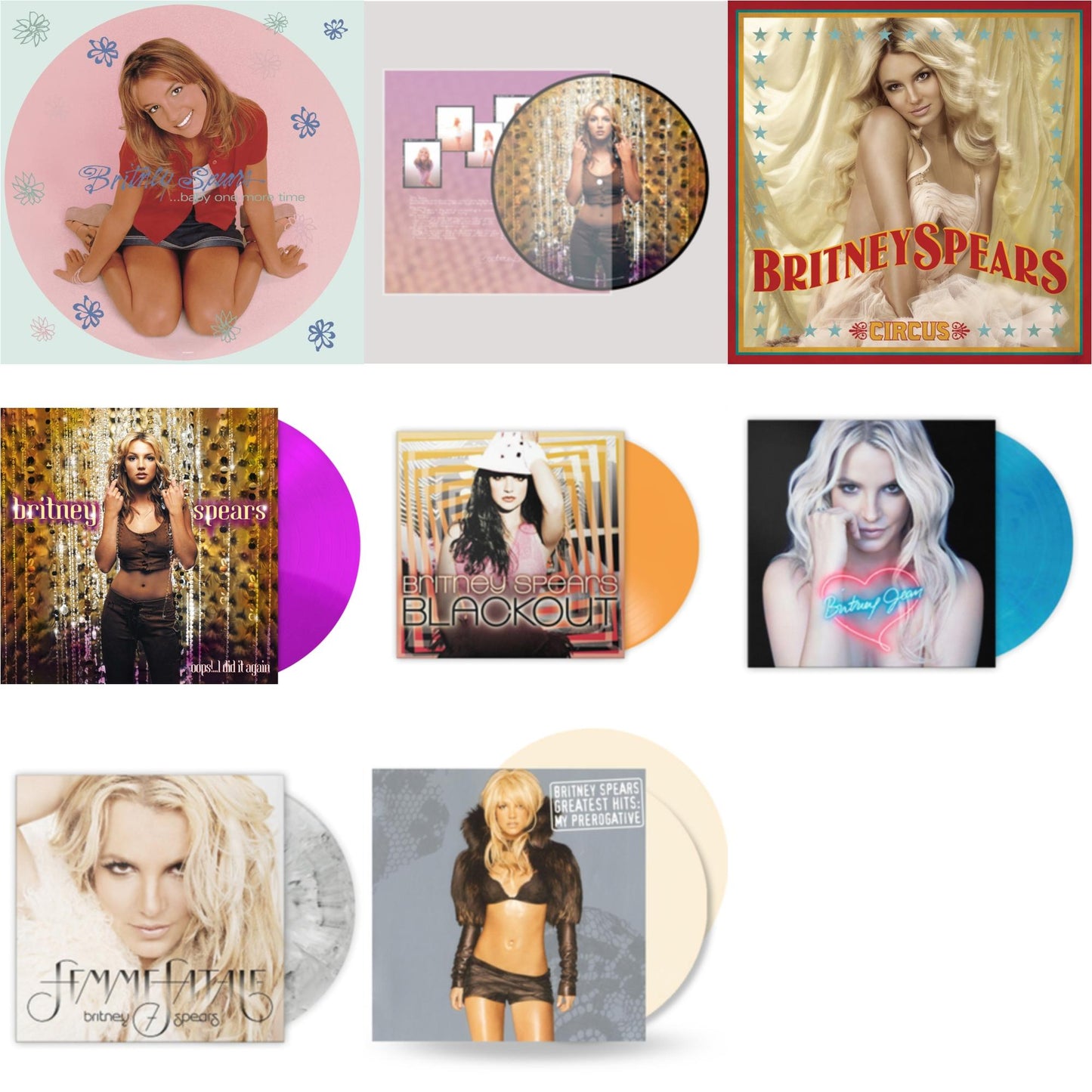 This is a 8 LP Vinyl SKU bundle.
1.This LP Vinyl is brand new.Format: LP VinylMusic Style: Dance-popThis item's title is: Baby One More Time (Picture Disc/140G/Dl Code)Artist: Britney SpearsLabel: LEGACYBarcode: 190758862613Release Date: 11/23/2018
2.This LP Vinyl is brand new.