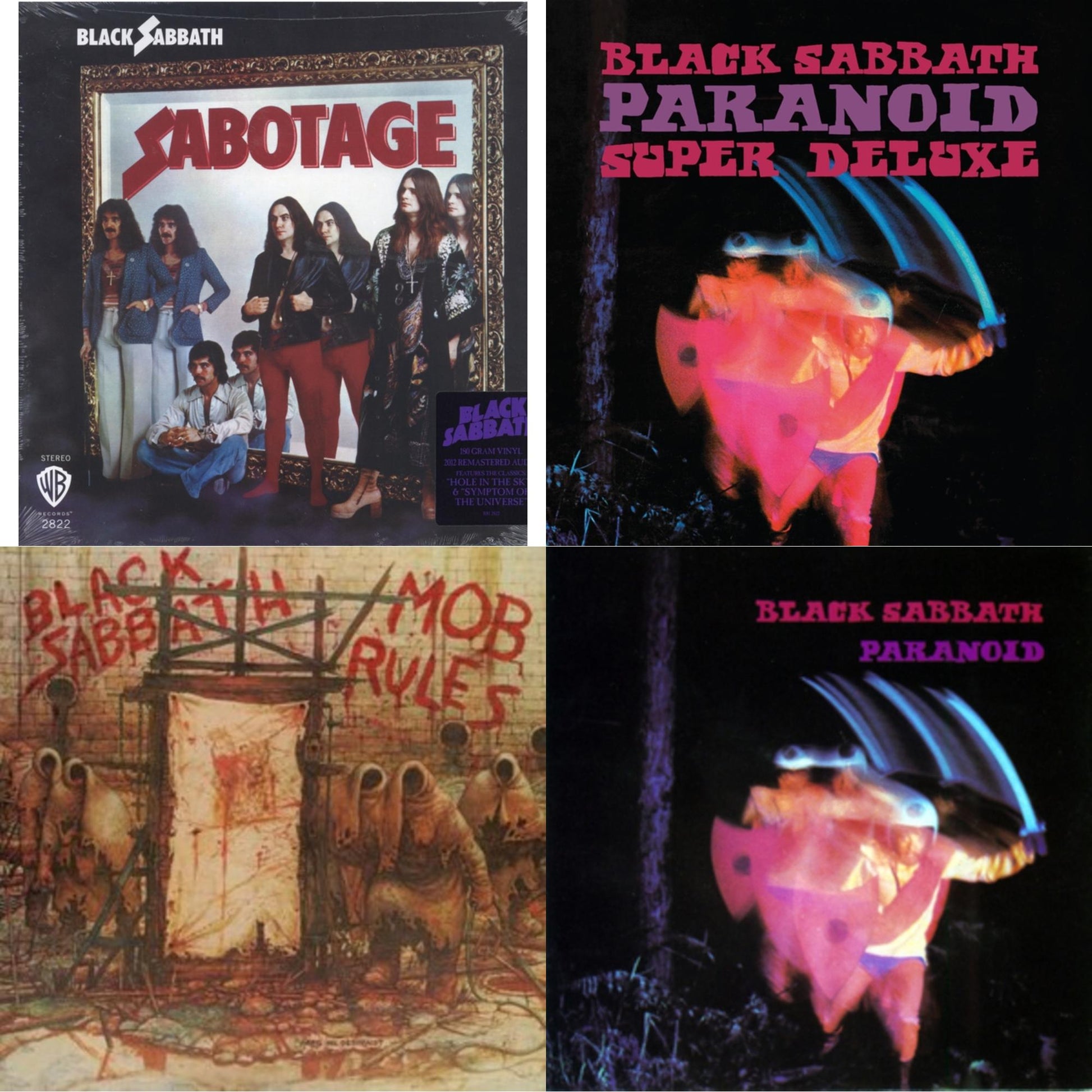 This is a 4 LP Vinyl SKU bundle.
1.This LP Vinyl is brand new.Format: LP VinylMusic Style: Hard RockThis item's title is: Sabotage (180G)Artist: Black SabbathLabel: RHINO/WARNER BROS.Barcode: 081227946562Release Date: 8/5/2016
2.This LP Vinyl is brand new.