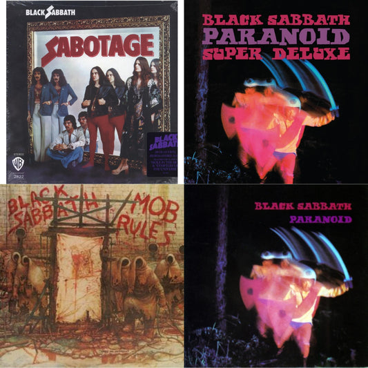 This is a 4 LP Vinyl SKU bundle.
1.This LP Vinyl is brand new.Format: LP VinylMusic Style: Hard RockThis item's title is: Sabotage (180G)Artist: Black SabbathLabel: RHINO/WARNER BROS.Barcode: 081227946562Release Date: 8/5/2016
2.This LP Vinyl is brand new.