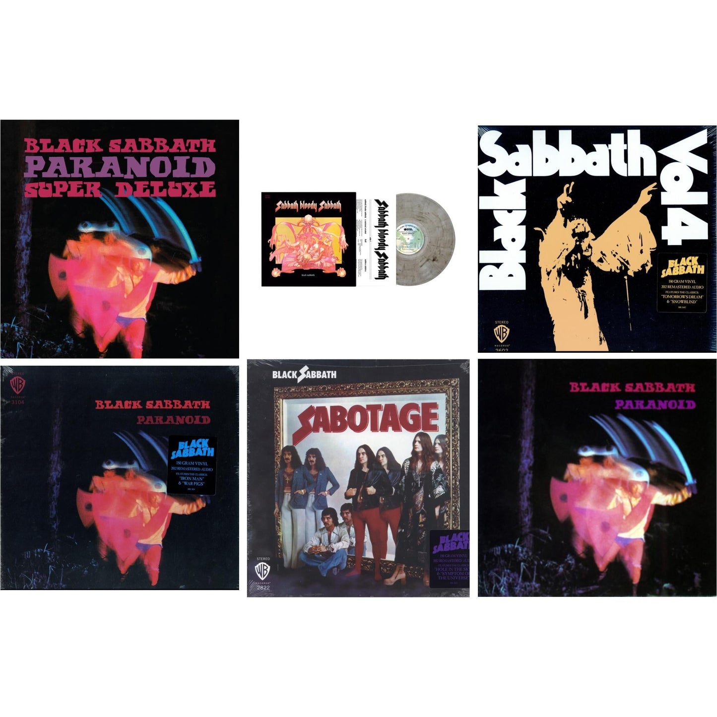 This is a 6 LP Vinyl SKU bundle.
1.This LP Vinyl is brand new.Format: LP VinylThis item's title is: Paranoid (Deluxe Edition)Artist: Black SabbathLabel: RHINO/WARNER BROS.Barcode: 603497846443Release Date: 10/9/2020
2.This LP Vinyl is brand new.
