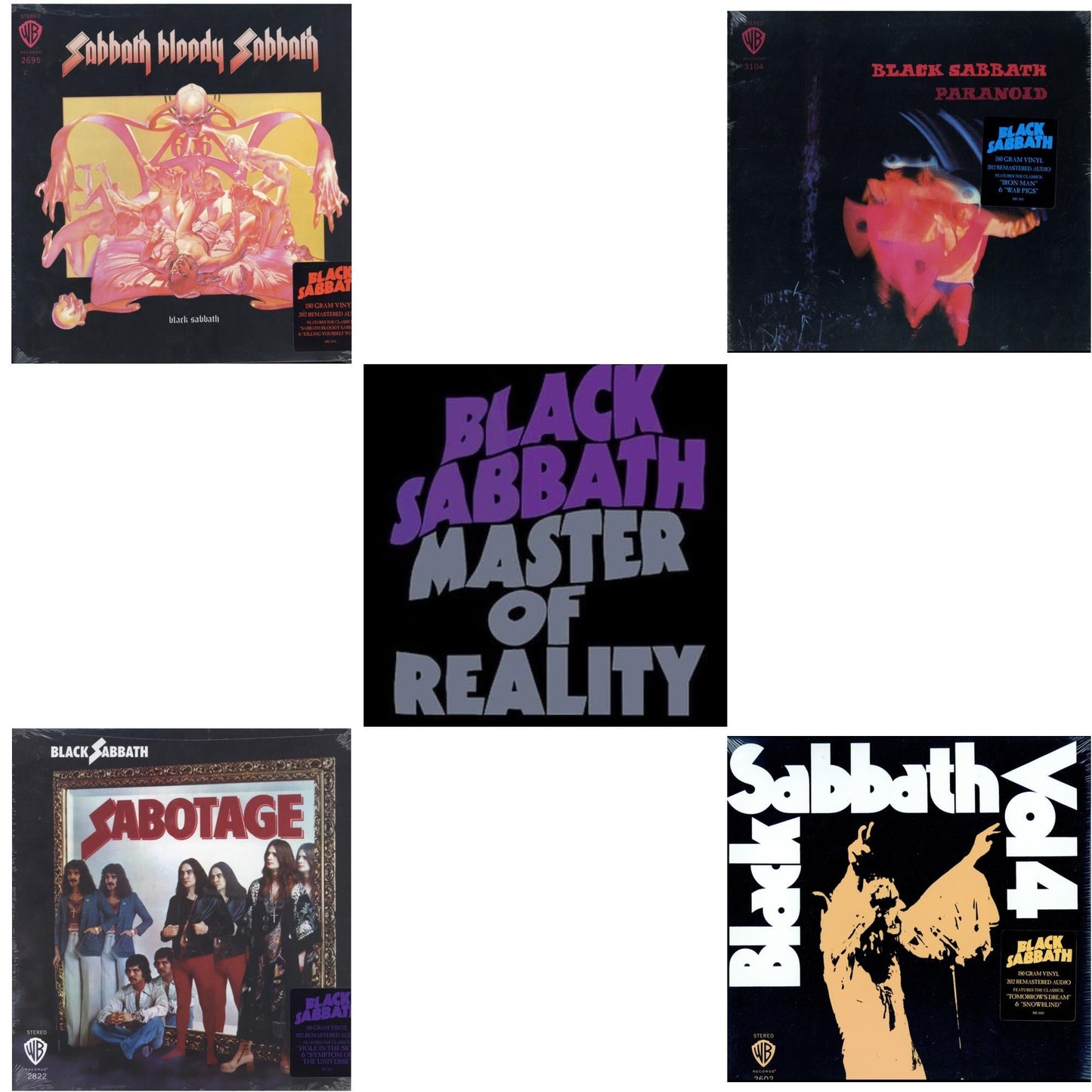 This is a 5 LP Vinyl SKU bundle.
1.This LP Vinyl is brand new.Format: LP VinylMusic Style: Hard RockThis item's title is: Sabotage (180G)Artist: Black SabbathLabel: RHINO/WARNER BROS.Barcode: 081227946562Release Date: 8/5/2016
2.This LP Vinyl is brand new.