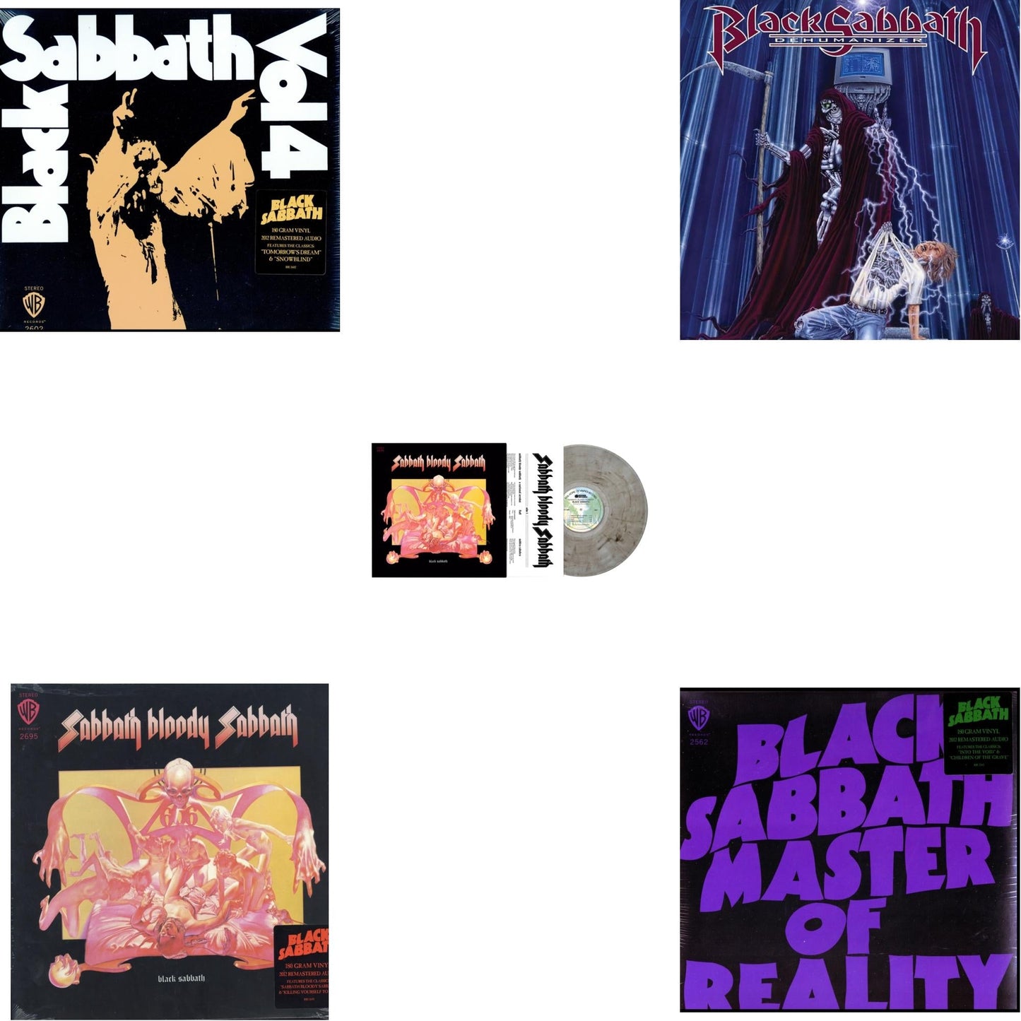 This is a 5 LP Vinyl SKU bundle.
1.This LP Vinyl is brand new.Format: LP VinylMusic Style: Heavy MetalThis item's title is: Vol. 4 (180G)Artist: Black SabbathLabel: RHINO/WARNER BROS.Barcode: 081227946609Release Date: 8/5/2016
2.This LP Vinyl is brand new.