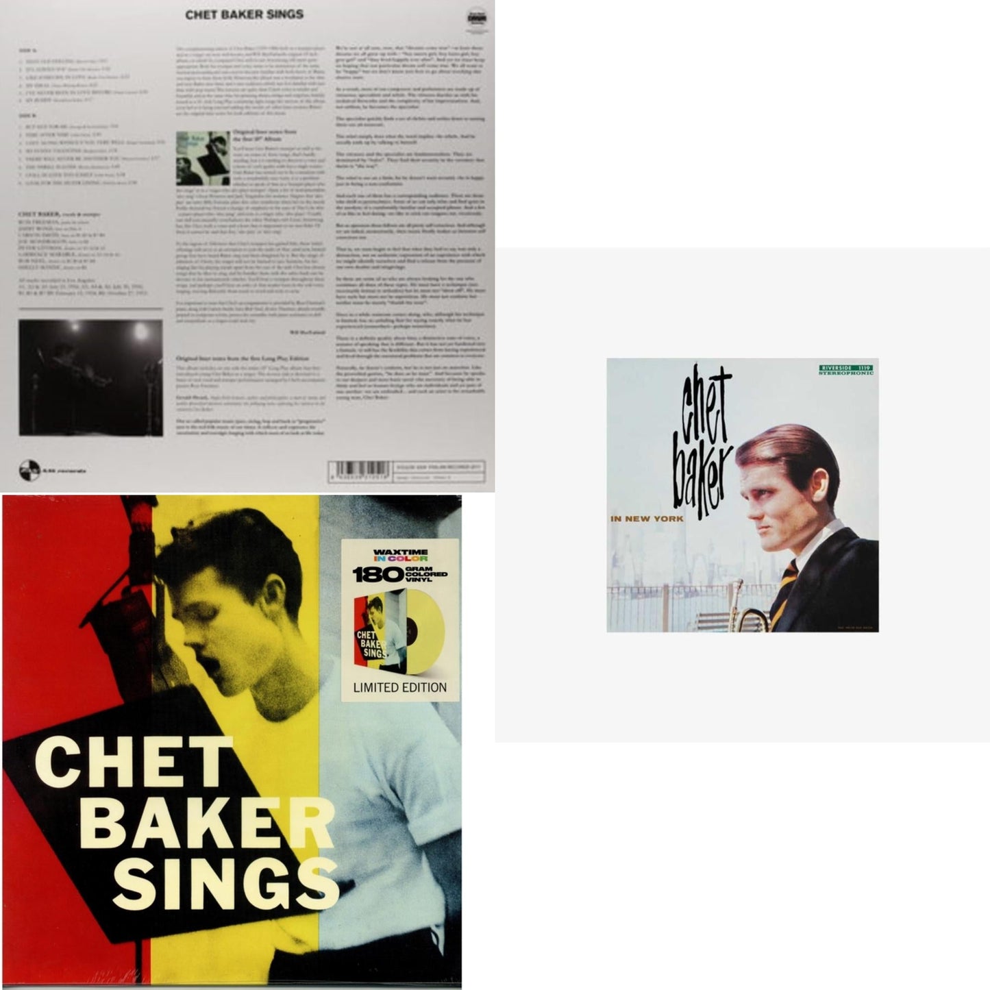 This is a 3 LP Vinyl SKU bundle.
1.This LP Vinyl is brand new.Format: LP VinylMusic Style: Cool JazzThis item's title is: SingsArtist: Chet BakerLabel: Pan Am RecordsBarcode: 8436539310518Release Date: 12/6/2011
2.This LP Vinyl is brand new.