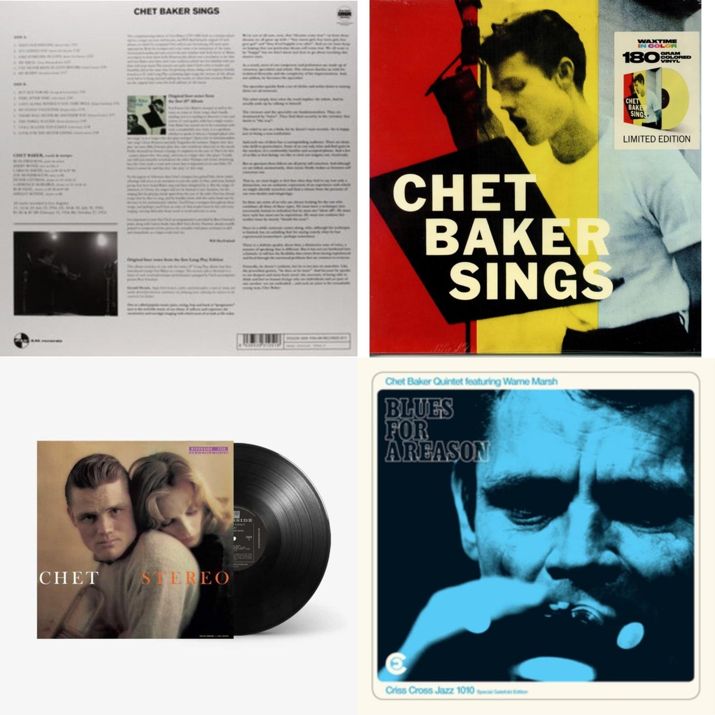 This is a 4 LP Vinyl SKU bundle.
1.This LP Vinyl is brand new.Format: LP VinylThis item's title is: Blues For A Reason (Feat. Warne Marsh)Artist: Chet BakerBarcode: 8435395503782Release Date: 10/27/2023
2.This LP Vinyl is brand new.