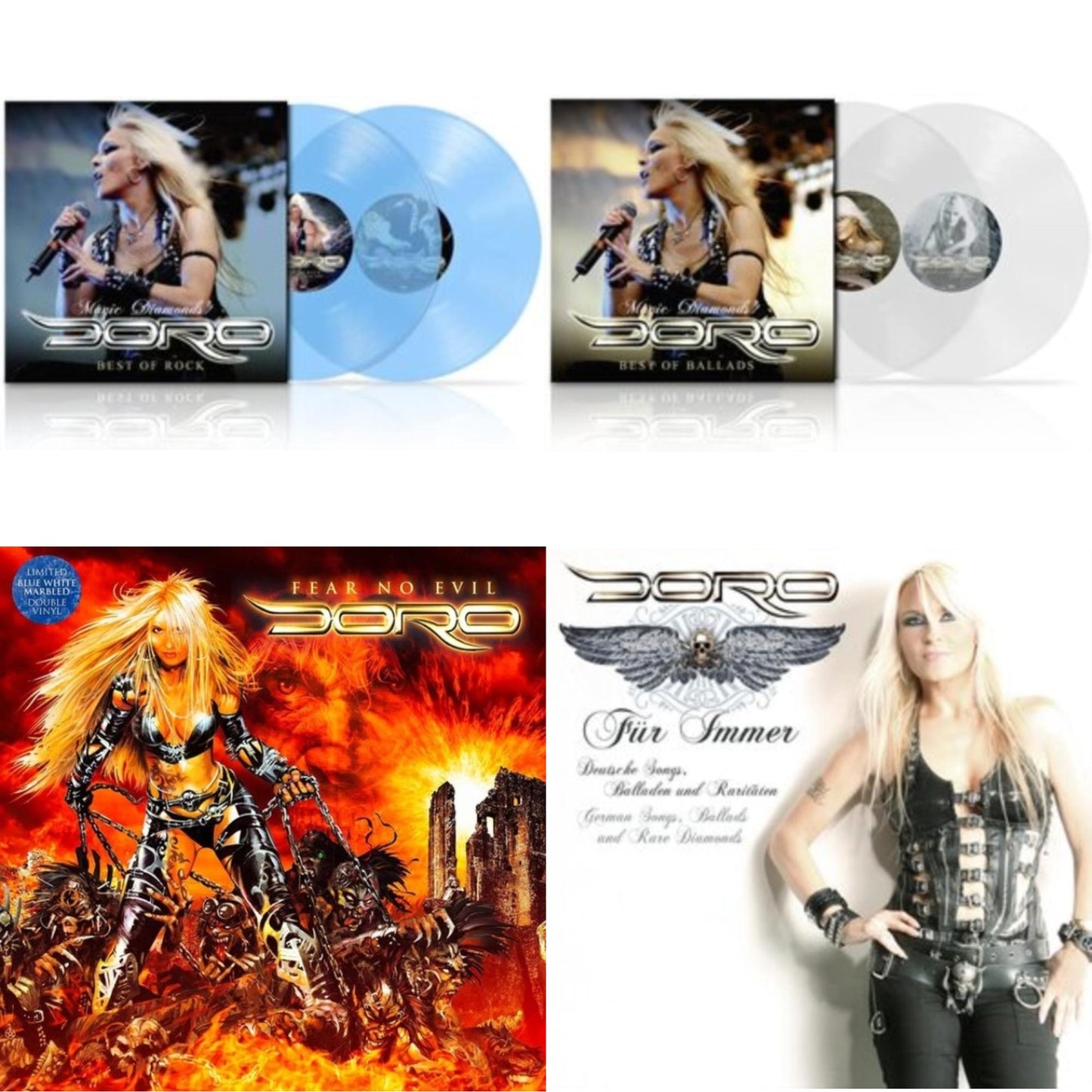 Magic Diamonds - Best Of Rock (Gatefold Jacket/Clear LP Vinyl) & Magic Diamonds - Best Of Ballads (Gatefold Jacket/Clear LP Vinyl) & Fear No Evil (Blue White Marbled LP Vinyl) & Fur Immer (Black White Marbled LP Vinyl)