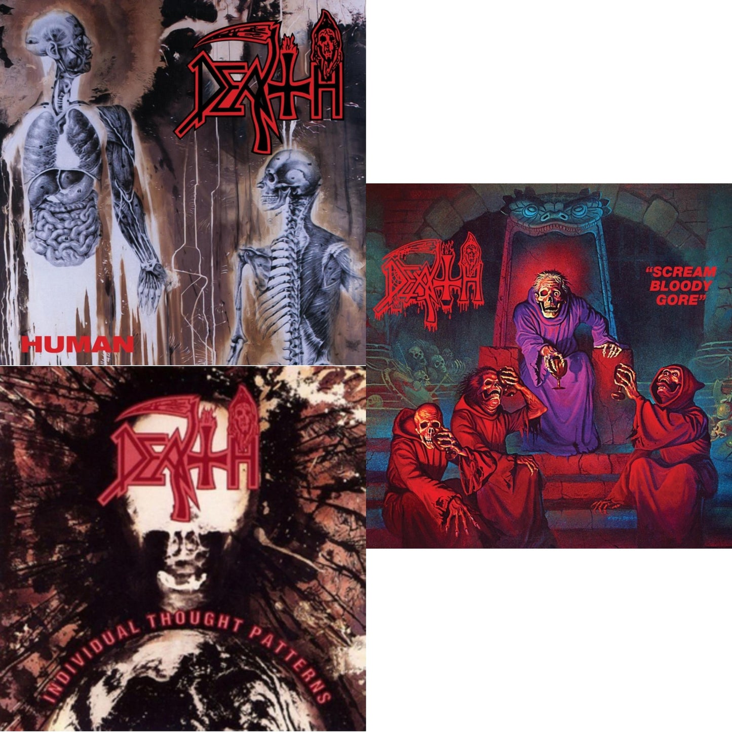 Scream Bloody Gore (Neon Violet, Bone White & Red  Tri Color Merge With Splatter LP Vinyl) & Human (Bone White, Blue Jay & Gold Tri Color Merge With Splatter LP Vinyl) & Individual Thought Patterns - Reissue