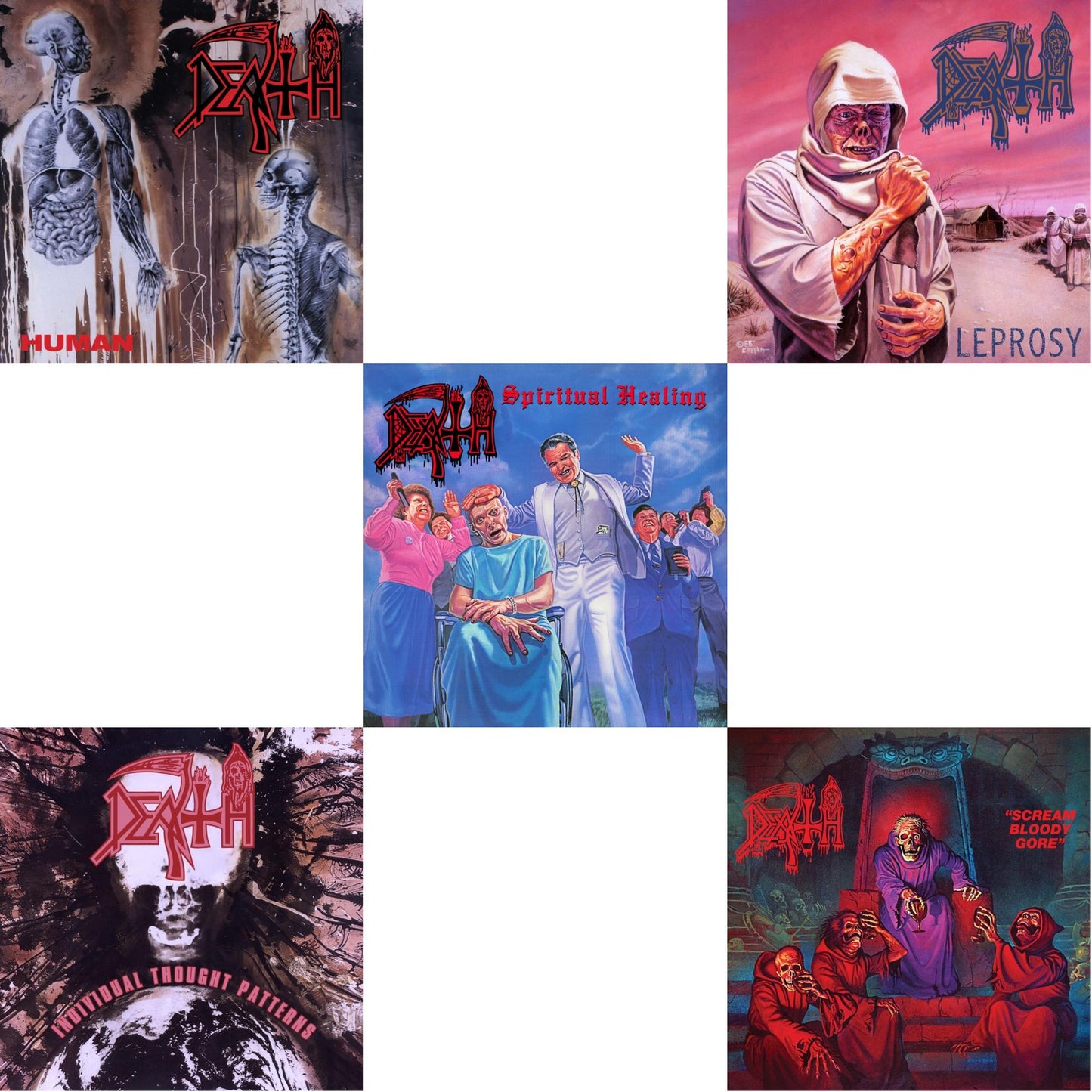 Individual Thought Patterns - Reissue (Hot Pink, Bone White & Red Tri Color Merge W/ Splatter LP Vinyl) & Human (Remastered Reissue) & Spiritual Healing & Leprosy (Reissue) & Scream Bloody Gore (Reissue)