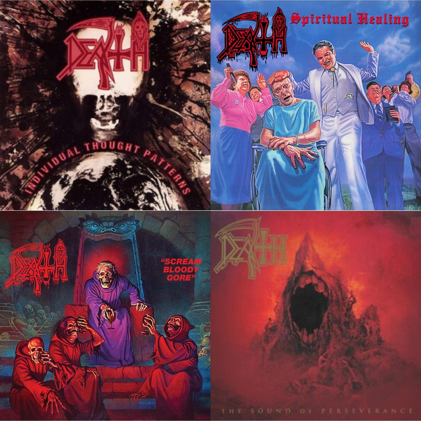 Spiritual Healing - Reissue (Red, Cyan Blue & Black Tri Color Merge With Splatter LP Vinyl) & Sound Of Perseverance (Black, Red & Gold Tri Color Merge Withsplatter Vinyl/2LP) & Individual Thought Patterns - Reissue & Scream Bloody Gore (Reissue)