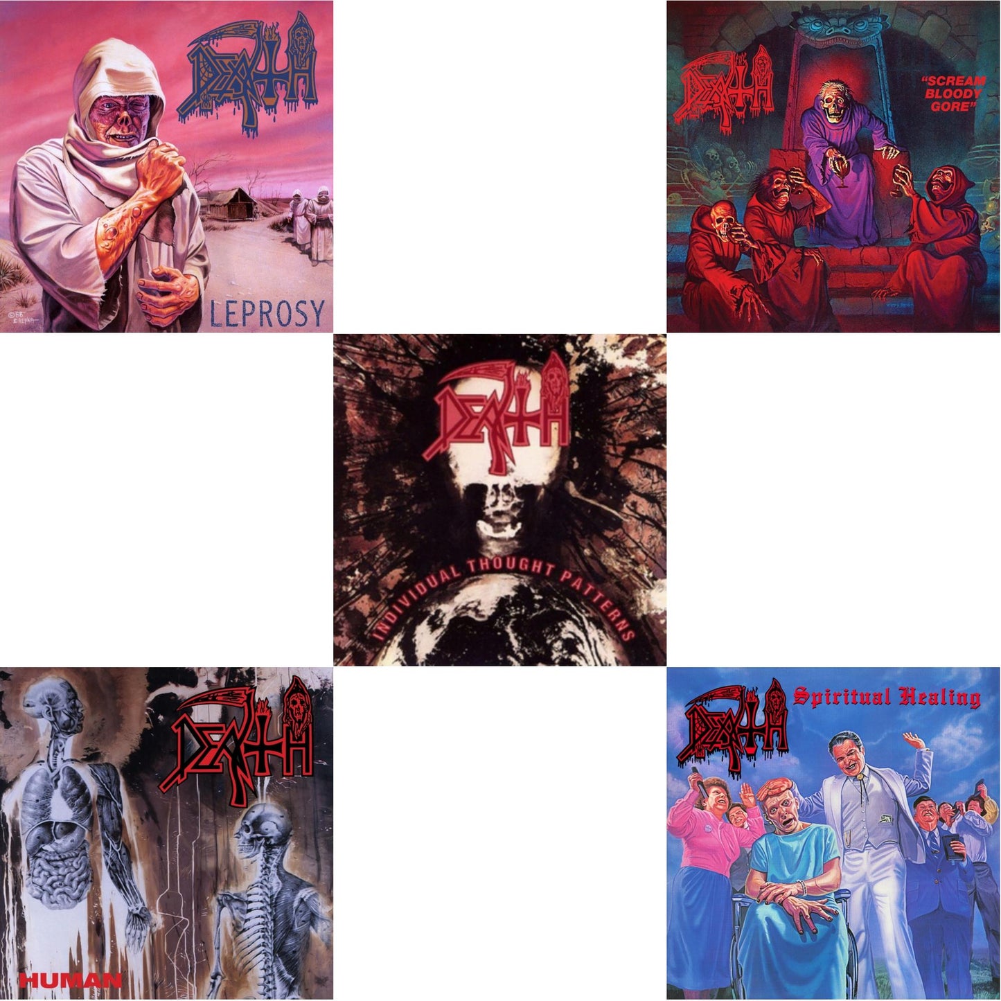 Spiritual Healing - Reissue (Red, Cyan Blue & Black Tri Color Merge With Splatter LP Vinyl) & Human (Remastered Reissue) & Individual Thought Patterns - Reissue & Leprosy (Reissue) & Scream Bloody Gore (Reissue)