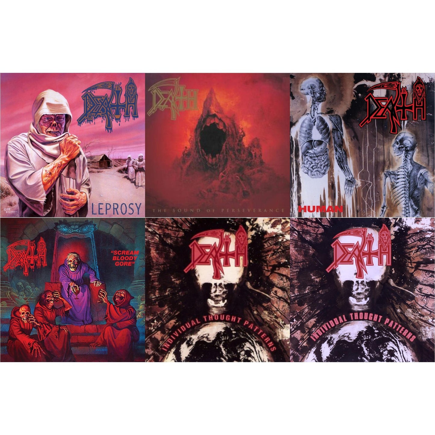 Death - Individual Thought Patterns - Reissue (Hot Pink, Bone White & Red Tri Color Merge W/ Splatter LP Vinyl) & Sound Of Perseverance (Black, Red & Gold Tri Color Merge Withsplatter Vinyl/2LP) & Human (Remastered Reissue) & Individual Thought