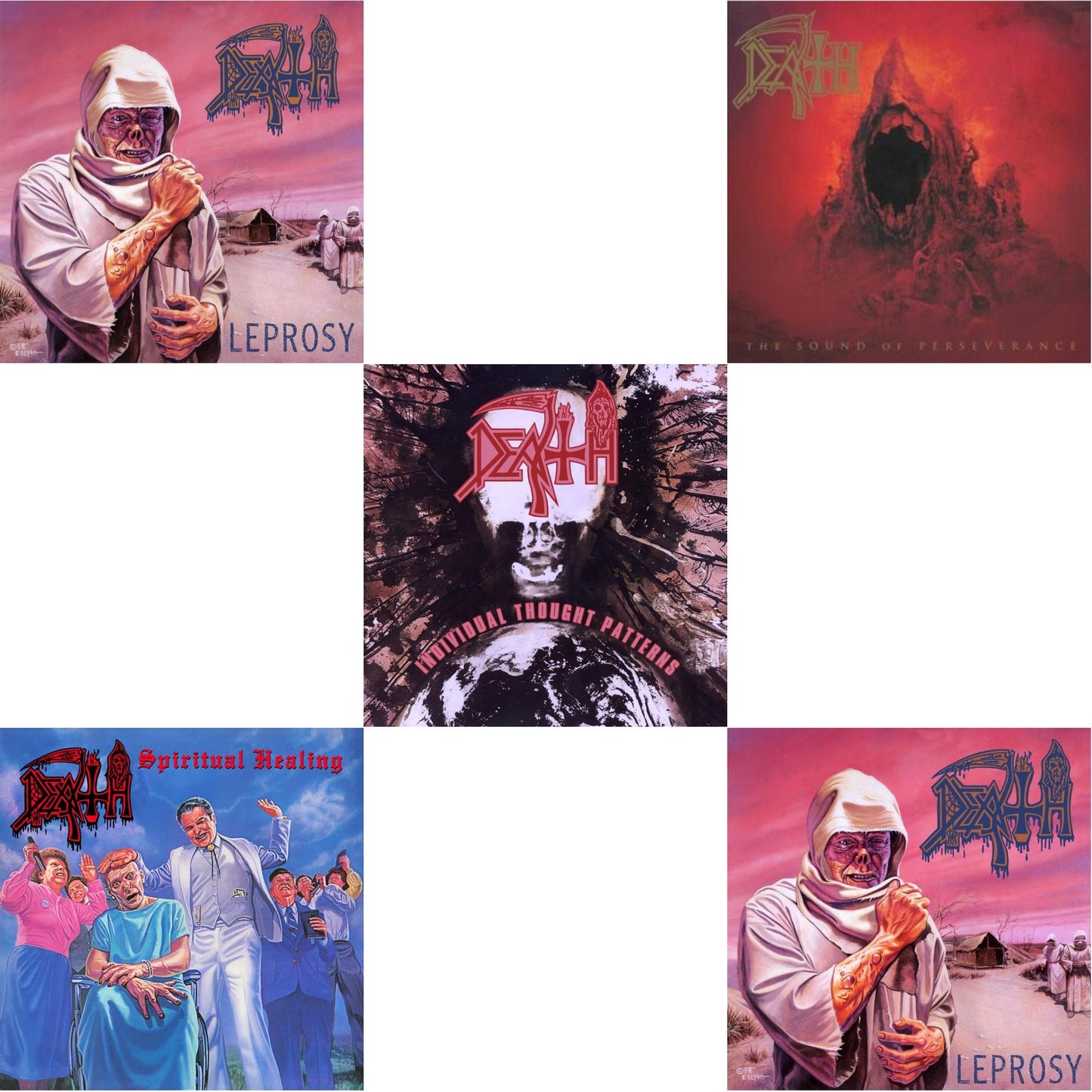 Death - Leprosy Reissue (Hot Pink, Bone White & Blue Jay Tri Color Merge With Splatter LP Vinyl) & Spiritual Healing - Reissue (Red, Cyan Blue & Black Tri Color Merge With Splatter LP Vinyl) & Individual Thought Patterns - Reissue (Hot Pink, Bone
