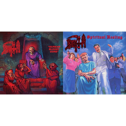 Scream Bloody Gore (Neon Violet, Bone White & Red  Tri Color Merge With Splatter LP Vinyl) & Spiritual Healing - Reissue (Red, Cyan Blue & Black Tri Color Merge With Splatter LP Vinyl)