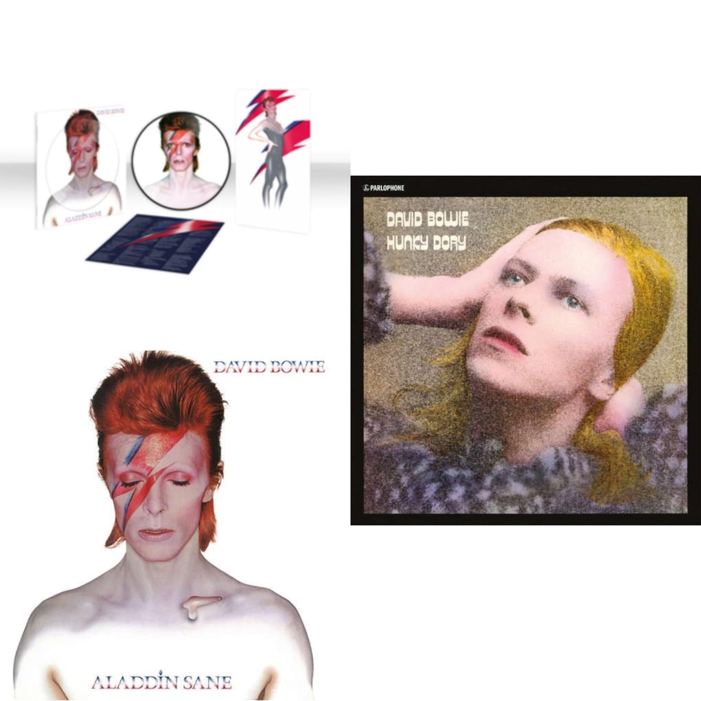 This is a 3 LP Vinyl SKU bundle.
1.This LP Vinyl is brand new.Format: LP VinylMusic Style: GlamThis item's title is: Aladdin Sane (2013 Remaster) (Picture Disc)Artist: David BowieLabel: PARLOPHONEBarcode: 5054197183133Release Date: 4/14/2023
2.This LP Vinyl is brand new.