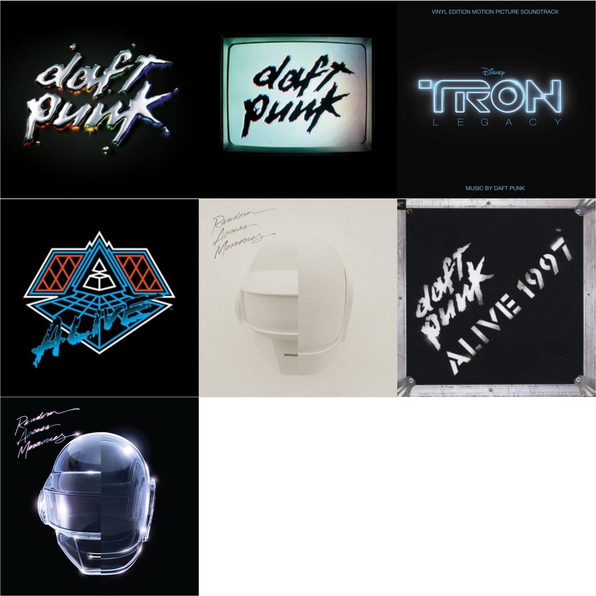 This is a 7 LP Vinyl SKU bundle.
1.This LP Vinyl is brand new.Format: LP VinylMusic Style: SoundtrackThis item's title is: Tron: Legacy Ost (2LP/180G)Artist: Daft PunkLabel: WALT DISNEY RECORDSBarcode: 050087239855Release Date: 8/21/2015
2.This LP Vinyl is brand new.