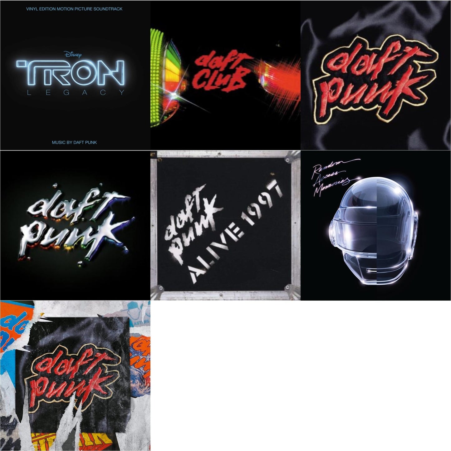 This is a 7 LP Vinyl SKU bundle.
1.This LP Vinyl is brand new.Format: LP VinylMusic Style: SoundtrackThis item's title is: Tron: Legacy Ost (2LP/180G)Artist: Daft PunkLabel: WALT DISNEY RECORDSBarcode: 050087239855Release Date: 8/21/2015
2.This LP Vinyl is brand new.