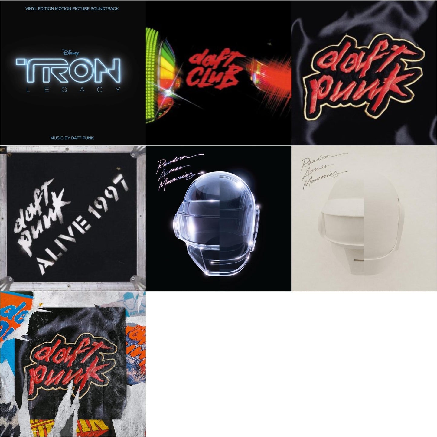 This is a 7 LP Vinyl SKU bundle.
1.This LP Vinyl is brand new.Format: LP VinylMusic Style: SoundtrackThis item's title is: Tron: Legacy Ost (2LP/180G)Artist: Daft PunkLabel: WALT DISNEY RECORDSBarcode: 050087239855Release Date: 8/21/2015
2.This LP Vinyl is brand new.
