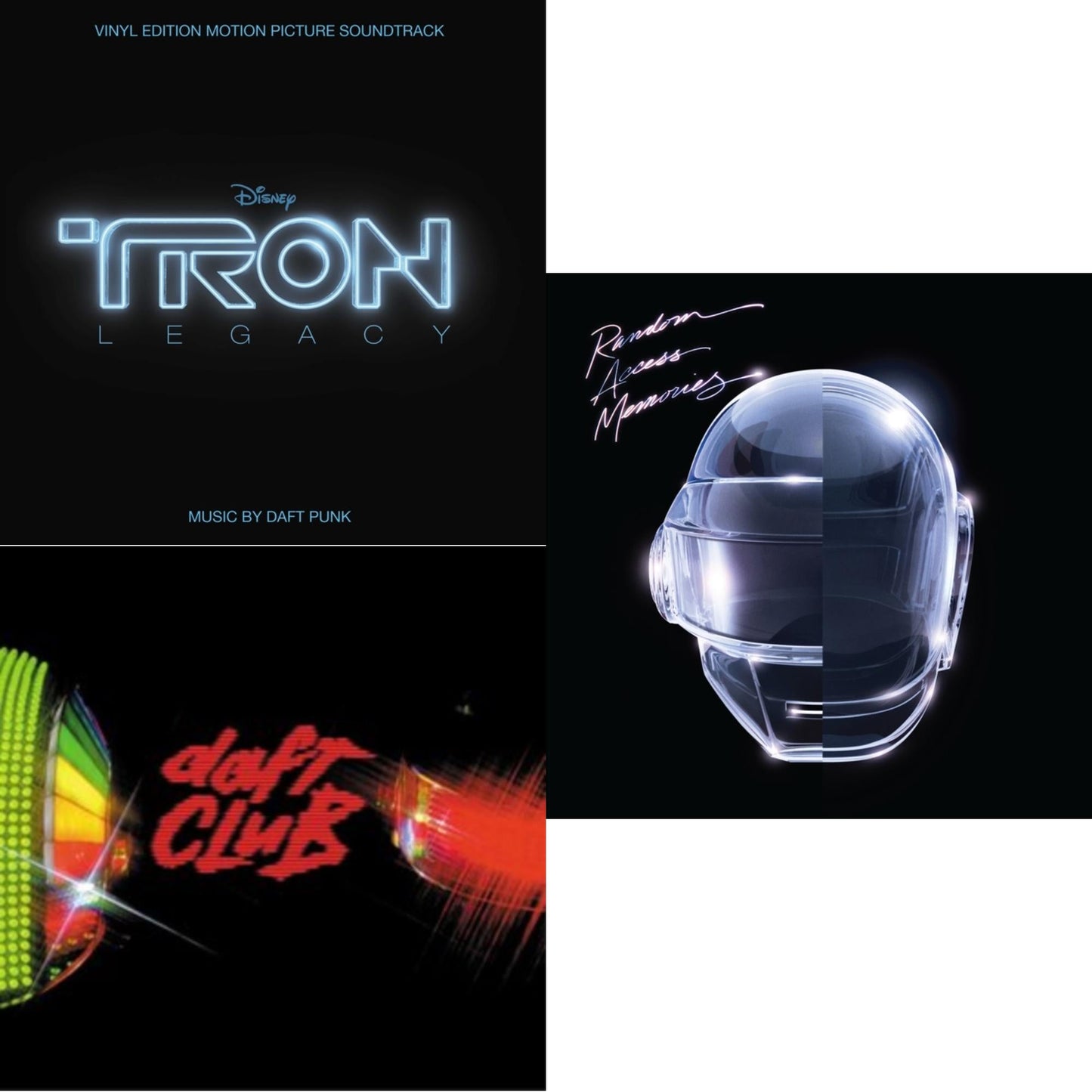 This is a 3 LP Vinyl SKU bundle.
1.This LP Vinyl is brand new.Format: LP VinylMusic Style: SoundtrackThis item's title is: Tron: Legacy Ost (2LP/180G)Artist: Daft PunkLabel: WALT DISNEY RECORDSBarcode: 050087239855Release Date: 8/21/2015
2.This LP Vinyl is brand new.