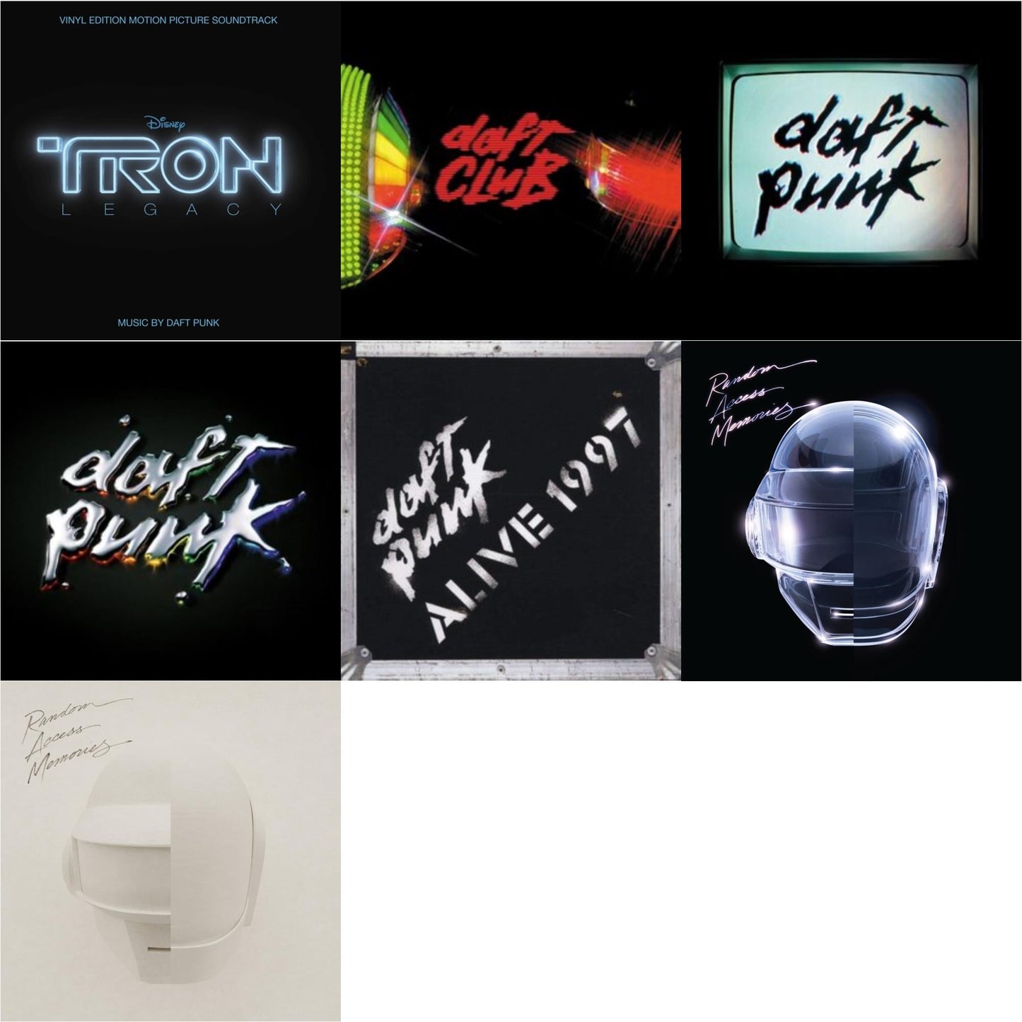 This is a 7 LP Vinyl SKU bundle.
1.This LP Vinyl is brand new.Format: LP VinylMusic Style: SoundtrackThis item's title is: Tron: Legacy Ost (2LP/180G)Artist: Daft PunkLabel: WALT DISNEY RECORDSBarcode: 050087239855Release Date: 8/21/2015
2.This LP Vinyl is brand new.