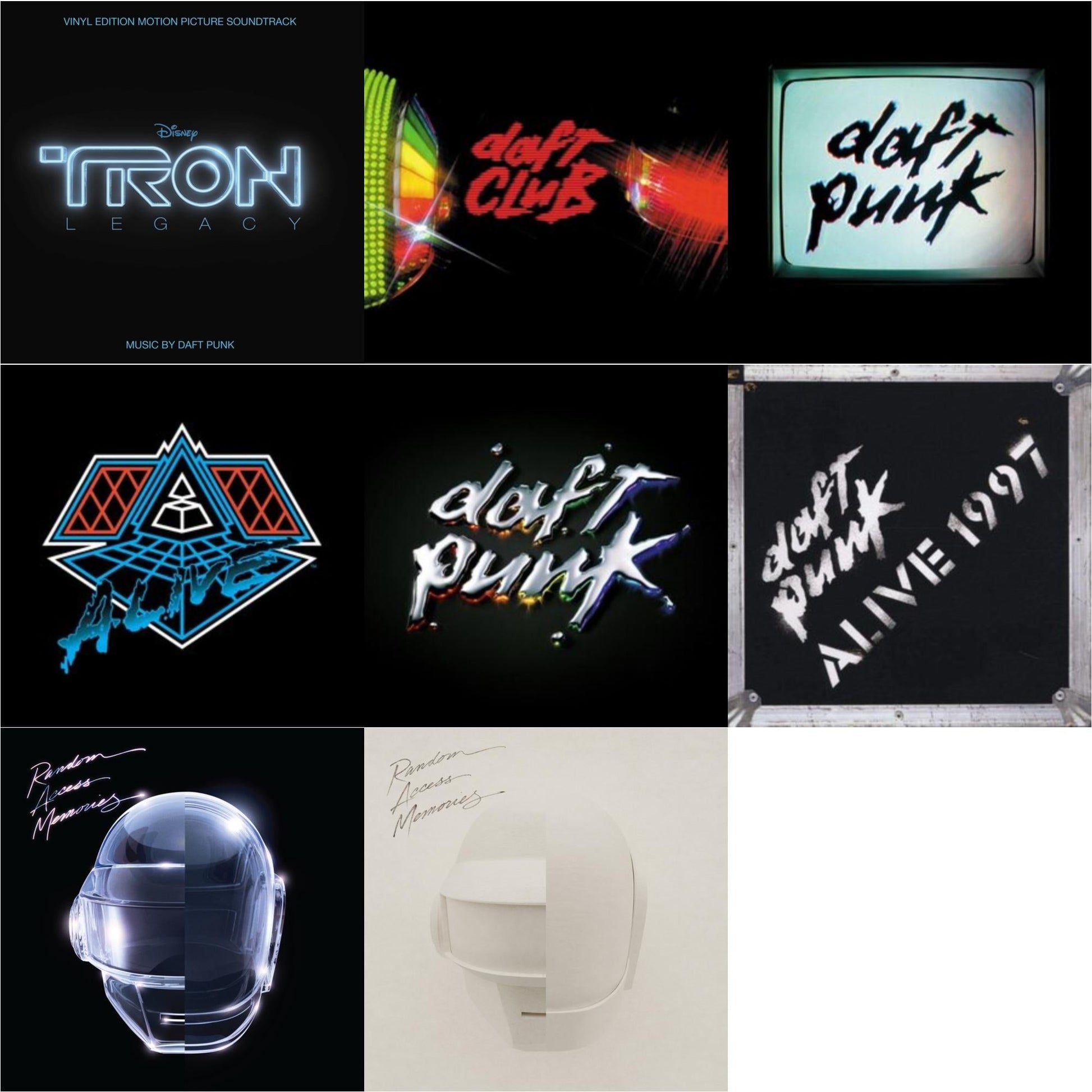 This is a 8 LP Vinyl SKU bundle.
1.This LP Vinyl is brand new.Format: LP VinylMusic Style: SoundtrackThis item's title is: Tron: Legacy Ost (2LP/180G)Artist: Daft PunkLabel: WALT DISNEY RECORDSBarcode: 050087239855Release Date: 8/21/2015
2.This LP Vinyl is brand new.