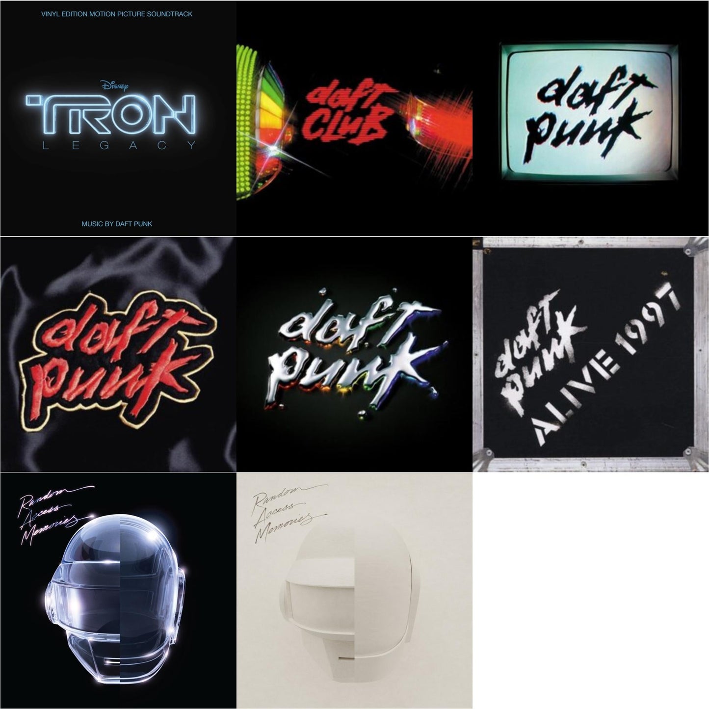 This is a 8 LP Vinyl SKU bundle.
1.This LP Vinyl is brand new.Format: LP VinylMusic Style: SoundtrackThis item's title is: Tron: Legacy Ost (2LP/180G)Artist: Daft PunkLabel: WALT DISNEY RECORDSBarcode: 050087239855Release Date: 8/21/2015
2.This LP Vinyl is brand new.