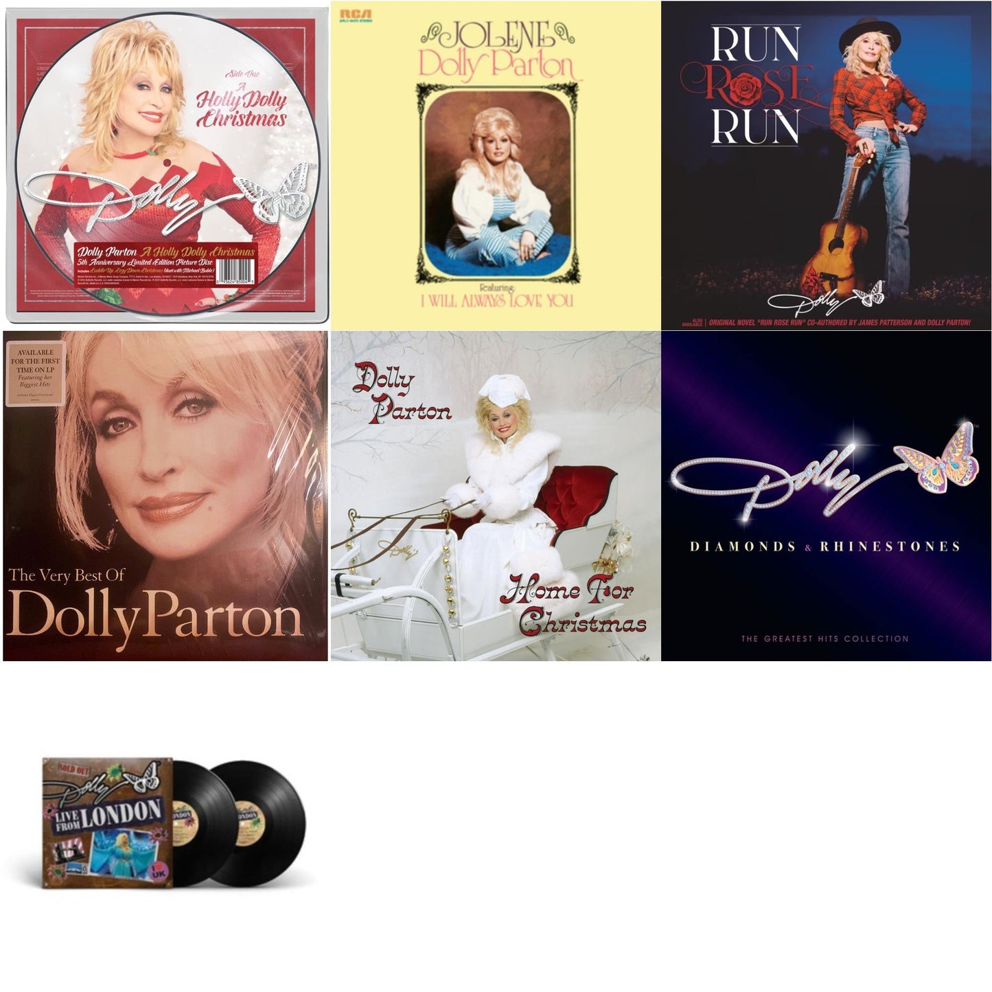 Holly Dolly Christmas (Picture Disc) & Jolene (140G/Dl Insert) & Run Rose Run & Very Best Of Dolly Parton (2LP) & Home For Christmas (140G) & Diamonds & Rhinestones: The Greatest Hits Collection (2LP) & Dolly: Live From London (2LP)