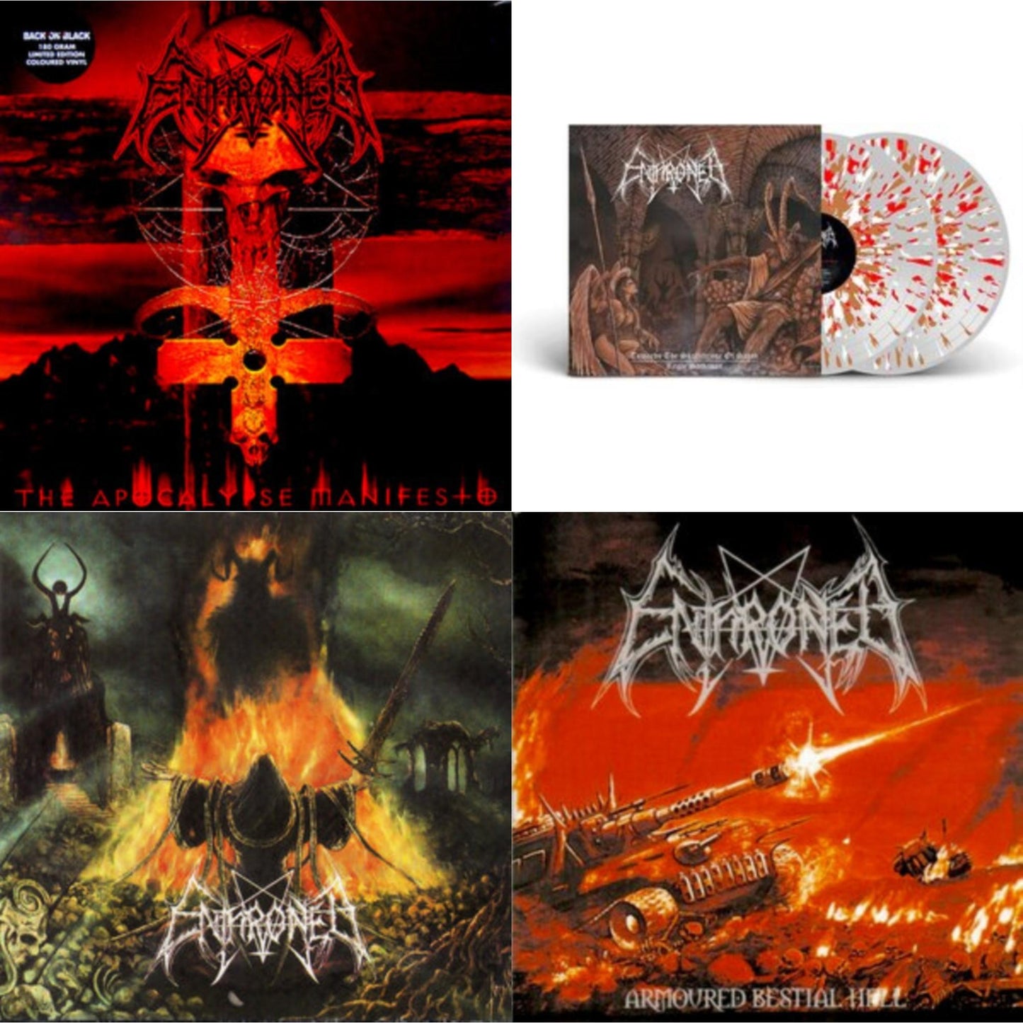 This is a 4 LP Vinyl SKU bundle.
1.This LP Vinyl is brand new.Format: LP VinylMusic Style: Black MetalThis item's title is: Apocolypse Manifesto (Clear LP Vinyl With Red/Orange/Grey Splatter LP Vinyl)Artist: EnthronedLabel: BACK ON BLACKBarcode: 803341519572Release Date: 8/27/2021
2.
