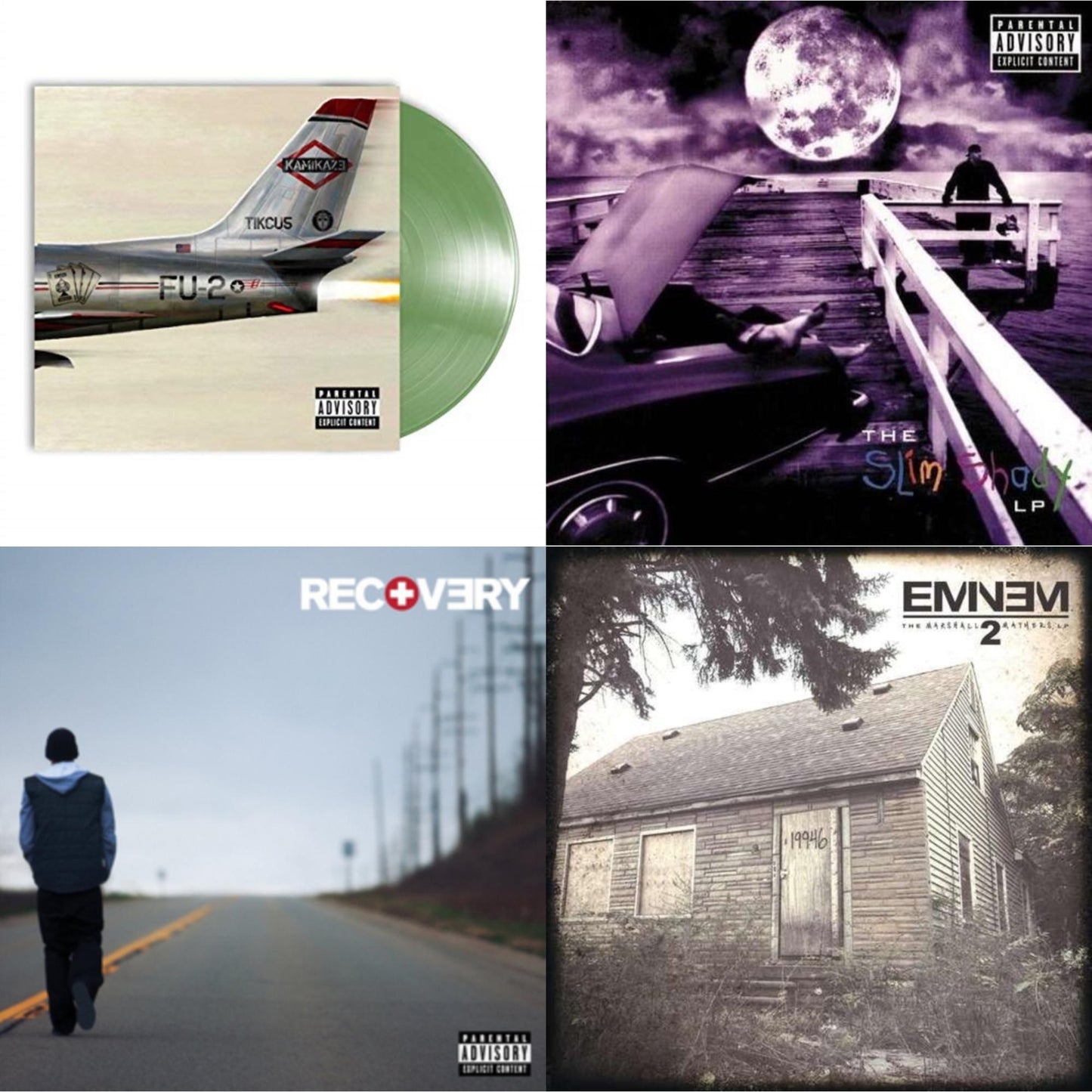 This is a 4 LP Vinyl SKU bundle.
1.This LP Vinyl is brand new.Format: LP VinylMusic Style: Hardcore Hip-HopThis item's title is: Kamikaze (Opaque Olive Green LP Vinyl/Gatefold Jacket)Artist: EminemLabel: AFTERMATHBarcode: 602577094927Release Date: 12/7/2018
2.