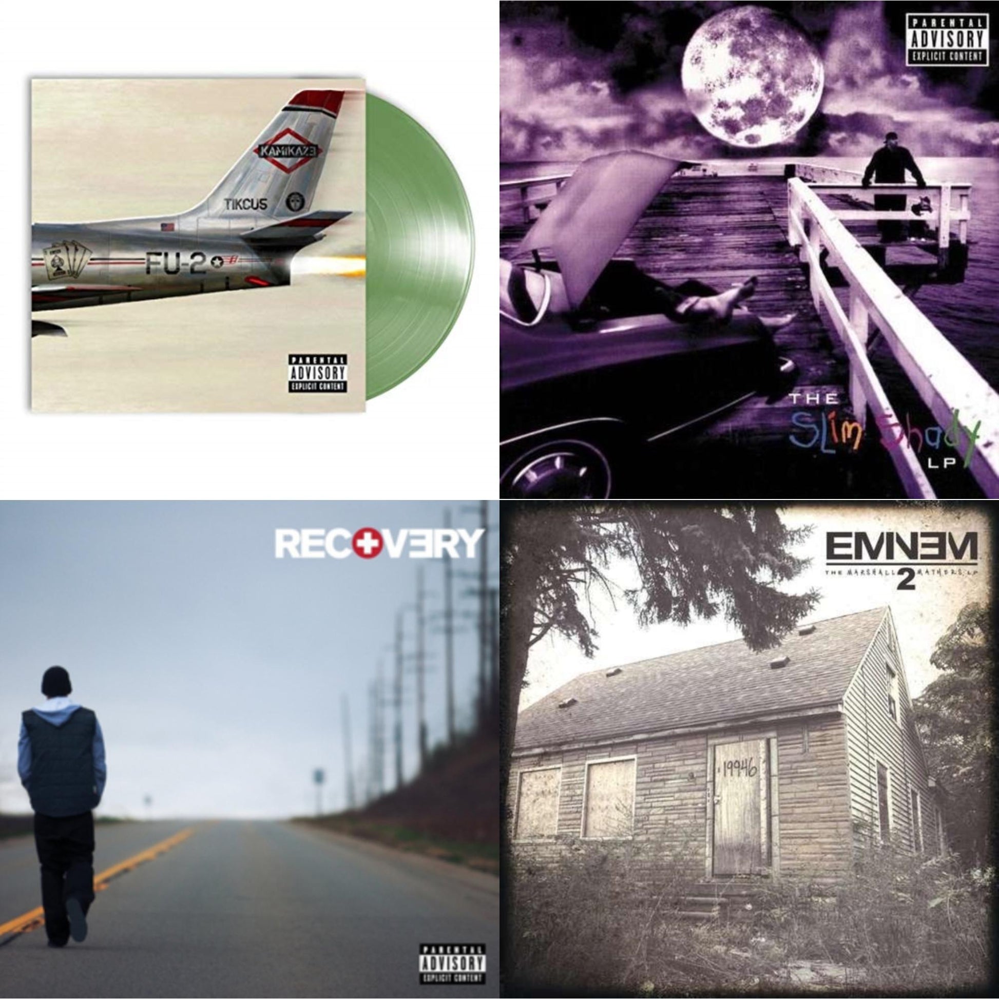 This is a 4 LP Vinyl SKU bundle.
1.This LP Vinyl is brand new.Format: LP VinylMusic Style: Hardcore Hip-HopThis item's title is: Kamikaze (Opaque Olive Green LP Vinyl/Gatefold Jacket)Artist: EminemLabel: AFTERMATHBarcode: 602577094927Release Date: 12/7/2018
2.