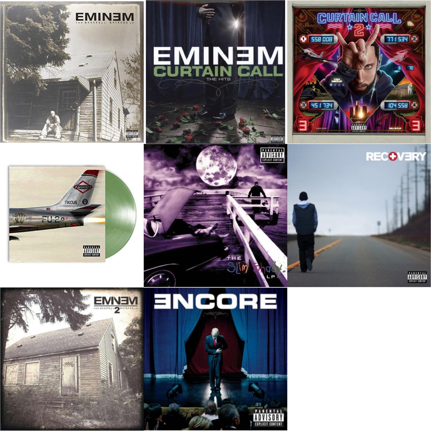 Curtain Call 2 (2LP) & Encore & Curtain Call: Hits & Recovery & Marshall Mathers LP 2 & Kamikaze (Opaque Olive Green LP Vinyl/Gatefold Jacket) & Slim Shady LP & Marshall Mathers LP