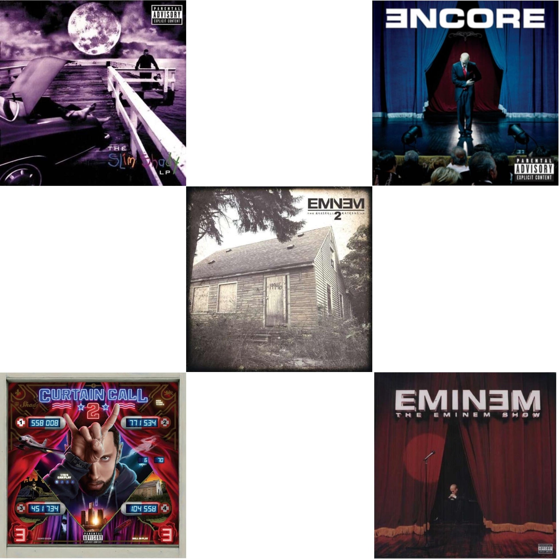 This is a 5 LP Vinyl SKU bundle.
1.This LP Vinyl is brand new.Format: LP VinylMusic Style: Pop RapThis item's title is: Curtain Call 2 (2LP)Artist: EminemLabel: AFTERMATHBarcode: 602448000248Release Date: 11/4/2022
2.This LP Vinyl is brand new.