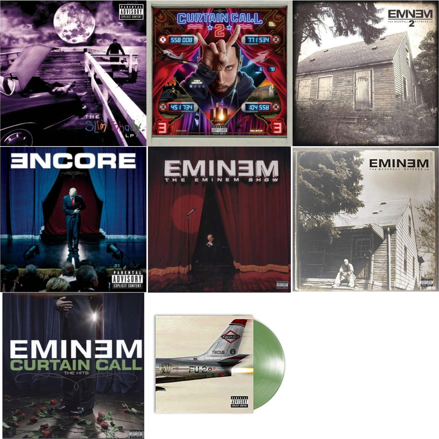 Curtain Call 2 (2LP) & Encore & Curtain Call: Hits & Marshall Mathers LP 2 & Kamikaze (Opaque Olive Green LP Vinyl/Gatefold Jacket) & Slim Shady LP & Marshall Mathers LP & Eminem Show
