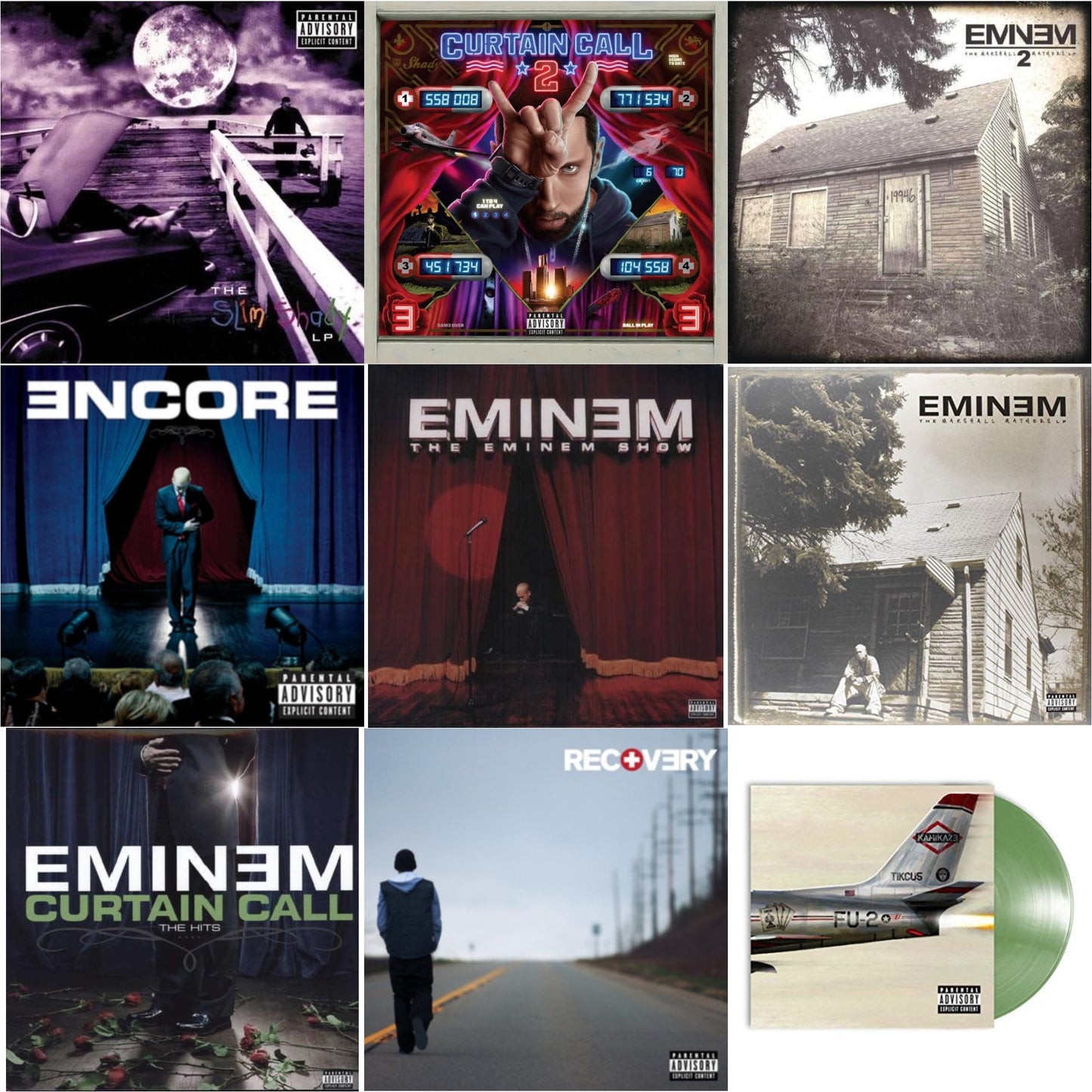 Curtain Call 2 (2LP) & Encore & Curtain Call: Hits & Recovery & Marshall Mathers LP 2 & Kamikaze (Opaque Olive Green LP Vinyl/Gatefold Jacket) & Slim Shady LP & Marshall Mathers LP & Eminem Show