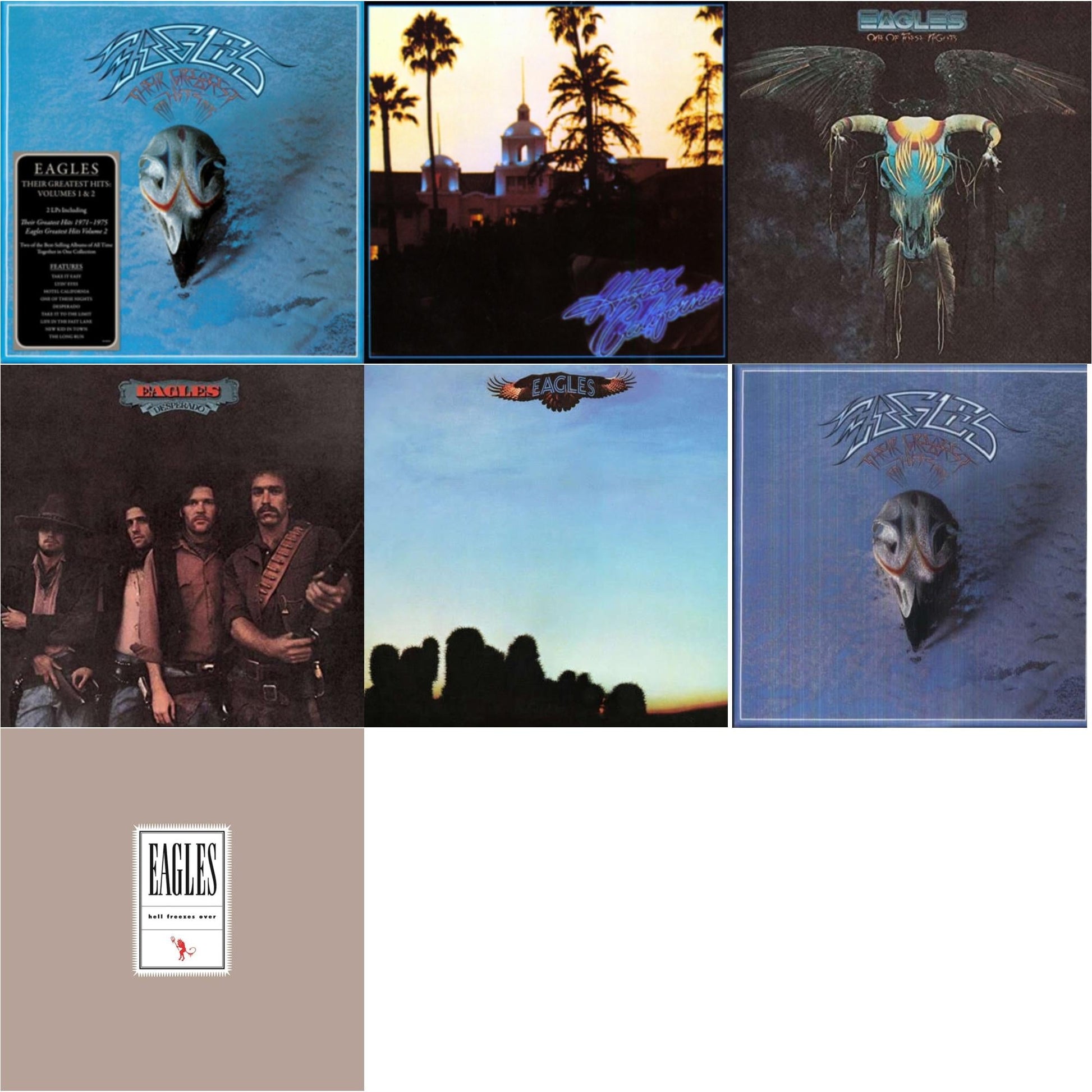 This is a 7 LP Vinyl SKU bundle.
1.This LP Vinyl is brand new.Format: LP VinylMusic Style: Classic RockThis item's title is: Their Greatest Hits Vol.1 & 2 (2LP/180G)Artist: EaglesLabel: ELEKTRA CATALOG GROUPBarcode: 081227934132Release Date: 7/21/2017
2.This LP Vinyl is brand new.