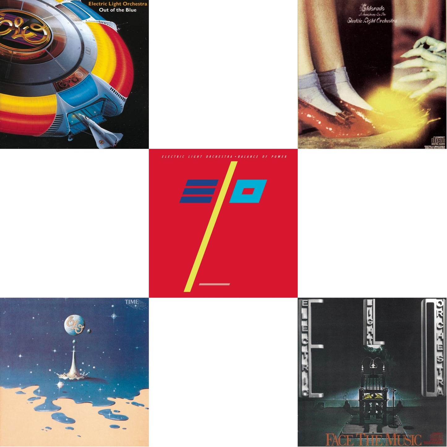 This is a 5 CD SKU bundle.
1.This CD is brand new.Format: CDThis item's title is: Out Of The BlueArtist: Electric Light OrchestraLabel: SONY SPECIAL MARKETINGBarcode: 886972675022Release Date: 2/22/2008
2.This CD is brand new.