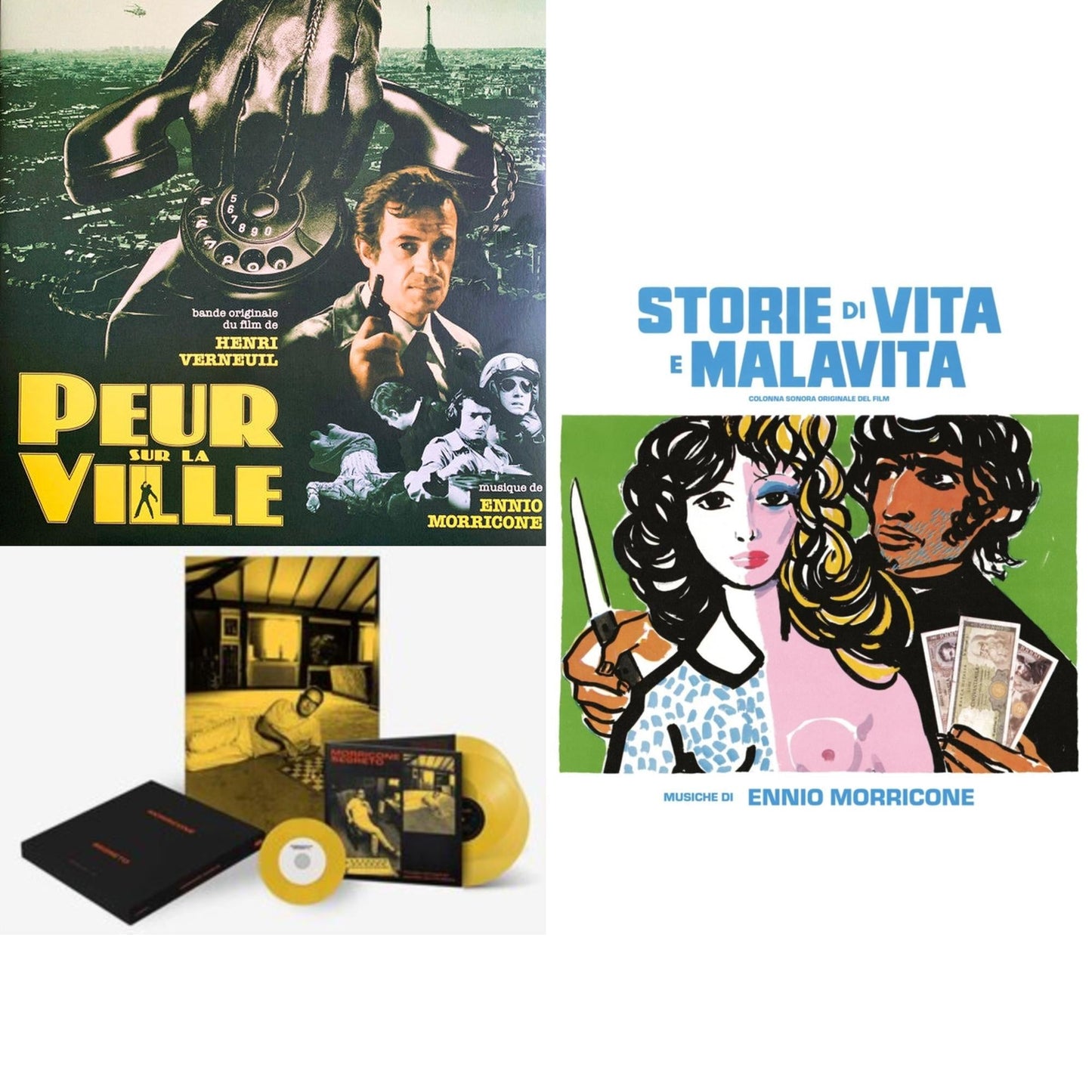 Peur Sur La Ville (Gatefold Sleeve Designed By Eric Adrian Lee) & Morricone Segreto (Yellow Vinyl/2LP/7Inch Single Collector's Edition) & Storie Di Vita E Malavita (Colonna Sonora Originale Del Film)