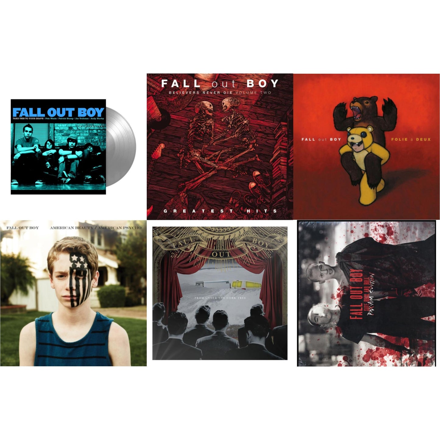 This is a 6 LP Vinyl SKU bundle.
1.This LP Vinyl is brand new.Format: LP VinylMusic Style: Pop PunkThis item's title is: Take This To Your Grave (Fbr 25Th Anniversary Edition/Silver LP Vinyl)Artist: Fall Out BoyLabel: Fueled By RamenBarcode: 075678645594Release Date: 4/30/2021
2.