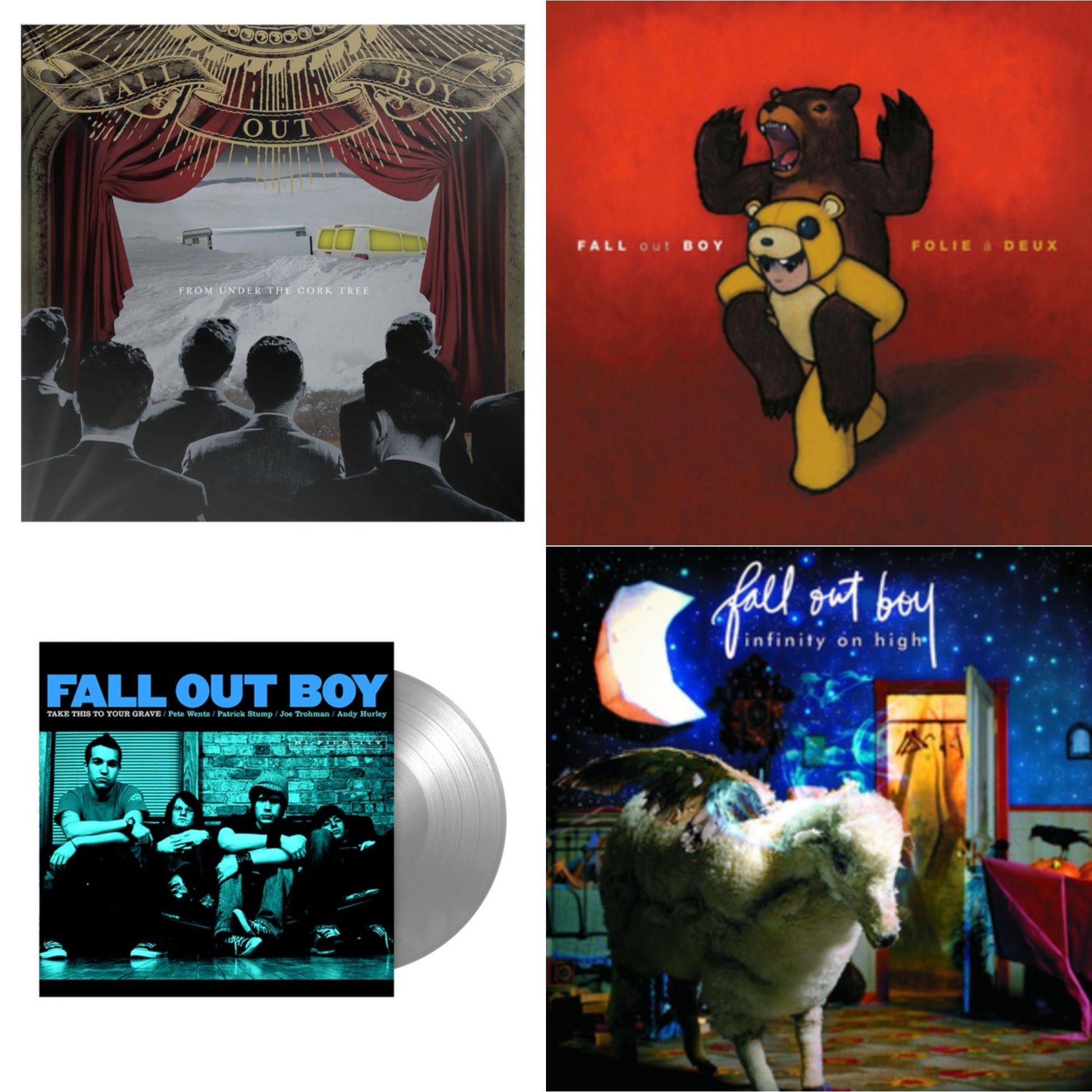 This is a 4 LP Vinyl SKU bundle.
1.This LP Vinyl is brand new.Format: LP VinylMusic Style: Pop PunkThis item's title is: Take This To Your Grave (Fbr 25Th Anniversary Edition/Silver LP Vinyl)Artist: Fall Out BoyLabel: Fueled By RamenBarcode: 075678645594Release Date: 4/30/2021
2.