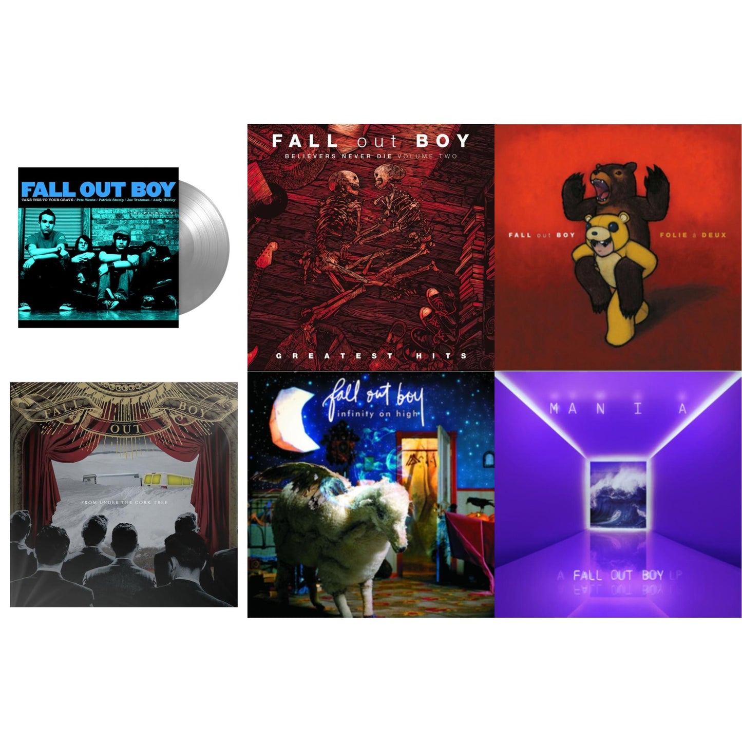 This is a 6 LP Vinyl SKU bundle.
1.This LP Vinyl is brand new.Format: LP VinylMusic Style: Pop PunkThis item's title is: Take This To Your Grave (Fbr 25Th Anniversary Edition/Silver LP Vinyl)Artist: Fall Out BoyLabel: Fueled By RamenBarcode: 075678645594Release Date: 4/30/2021
2.