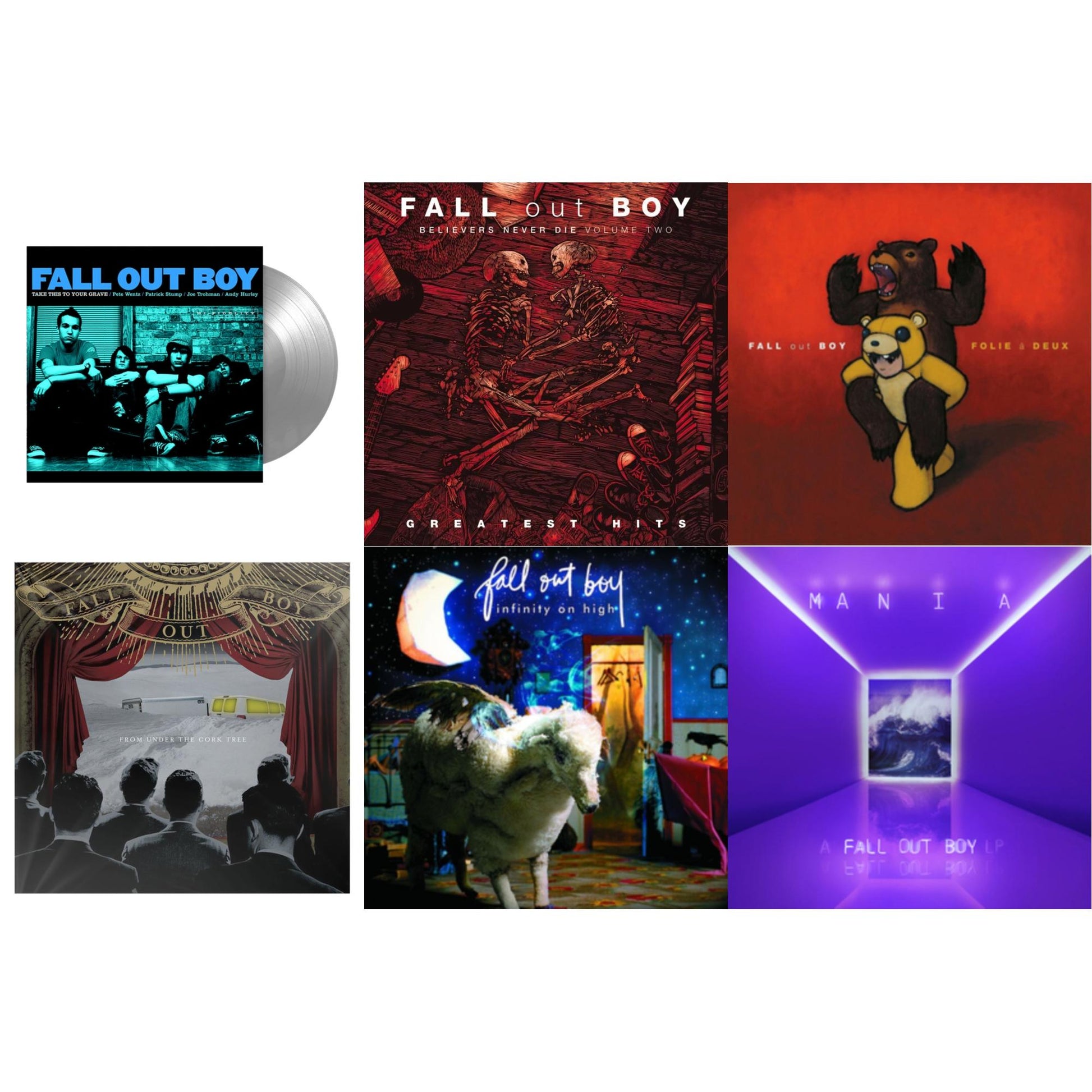 This is a 6 LP Vinyl SKU bundle.
1.This LP Vinyl is brand new.Format: LP VinylMusic Style: Pop PunkThis item's title is: Take This To Your Grave (Fbr 25Th Anniversary Edition/Silver LP Vinyl)Artist: Fall Out BoyLabel: Fueled By RamenBarcode: 075678645594Release Date: 4/30/2021
2.