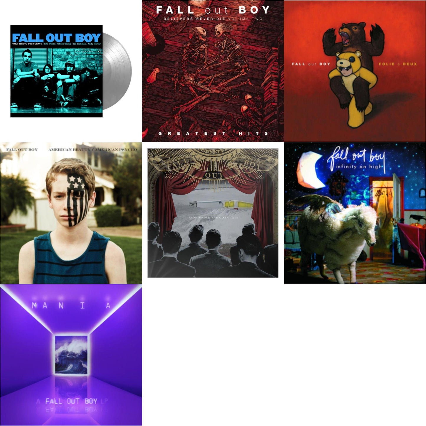 This is a 7 LP Vinyl SKU bundle.
1.This LP Vinyl is brand new.Format: LP VinylMusic Style: Pop PunkThis item's title is: Take This To Your Grave (Fbr 25Th Anniversary Edition/Silver LP Vinyl)Artist: Fall Out BoyLabel: Fueled By RamenBarcode: 075678645594Release Date: 4/30/2021
2.