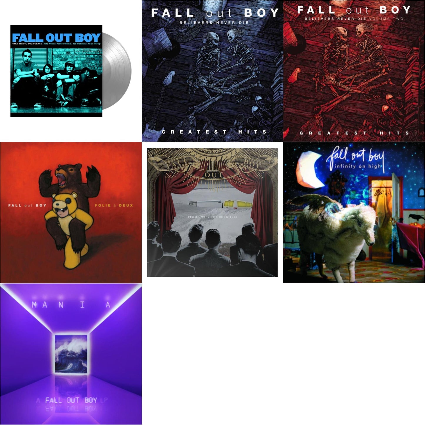 This is a 7 LP Vinyl SKU bundle.
1.This LP Vinyl is brand new.Format: LP VinylMusic Style: Pop PunkThis item's title is: Take This To Your Grave (Fbr 25Th Anniversary Edition/Silver LP Vinyl)Artist: Fall Out BoyLabel: Fueled By RamenBarcode: 075678645594Release Date: 4/30/2021
2.