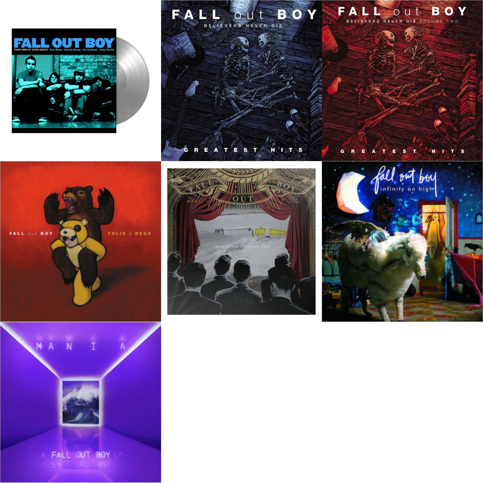 This is a 7 LP Vinyl SKU bundle.
1.This LP Vinyl is brand new.Format: LP VinylMusic Style: Pop PunkThis item's title is: Take This To Your Grave (Fbr 25Th Anniversary Edition/Silver LP Vinyl)Artist: Fall Out BoyLabel: Fueled By RamenBarcode: 075678645594Release Date: 4/30/2021
2.