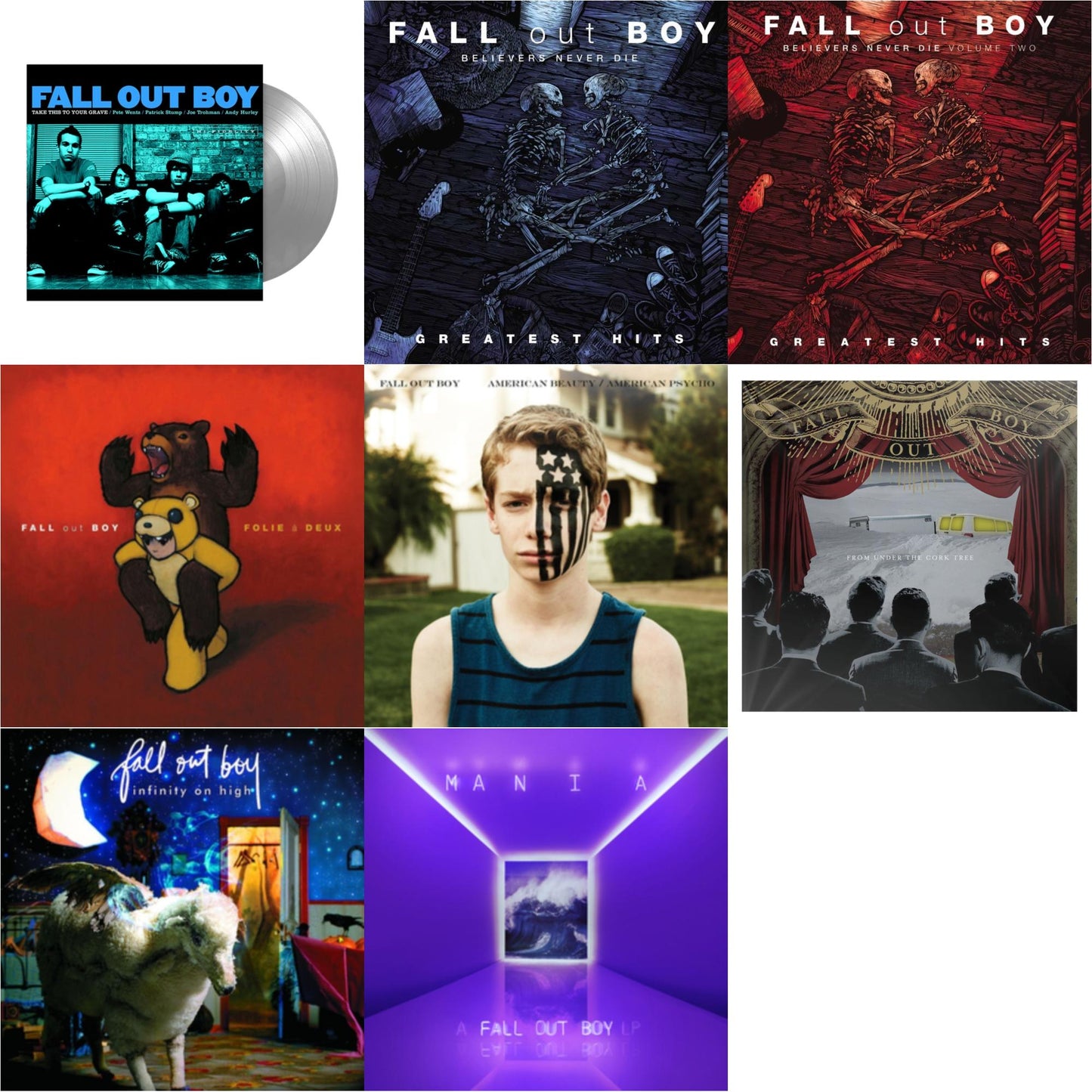 This is a 8 LP Vinyl SKU bundle.
1.This LP Vinyl is brand new.Format: LP VinylMusic Style: Pop PunkThis item's title is: Take This To Your Grave (Fbr 25Th Anniversary Edition/Silver LP Vinyl)Artist: Fall Out BoyLabel: Fueled By RamenBarcode: 075678645594Release Date: 4/30/2021
2.