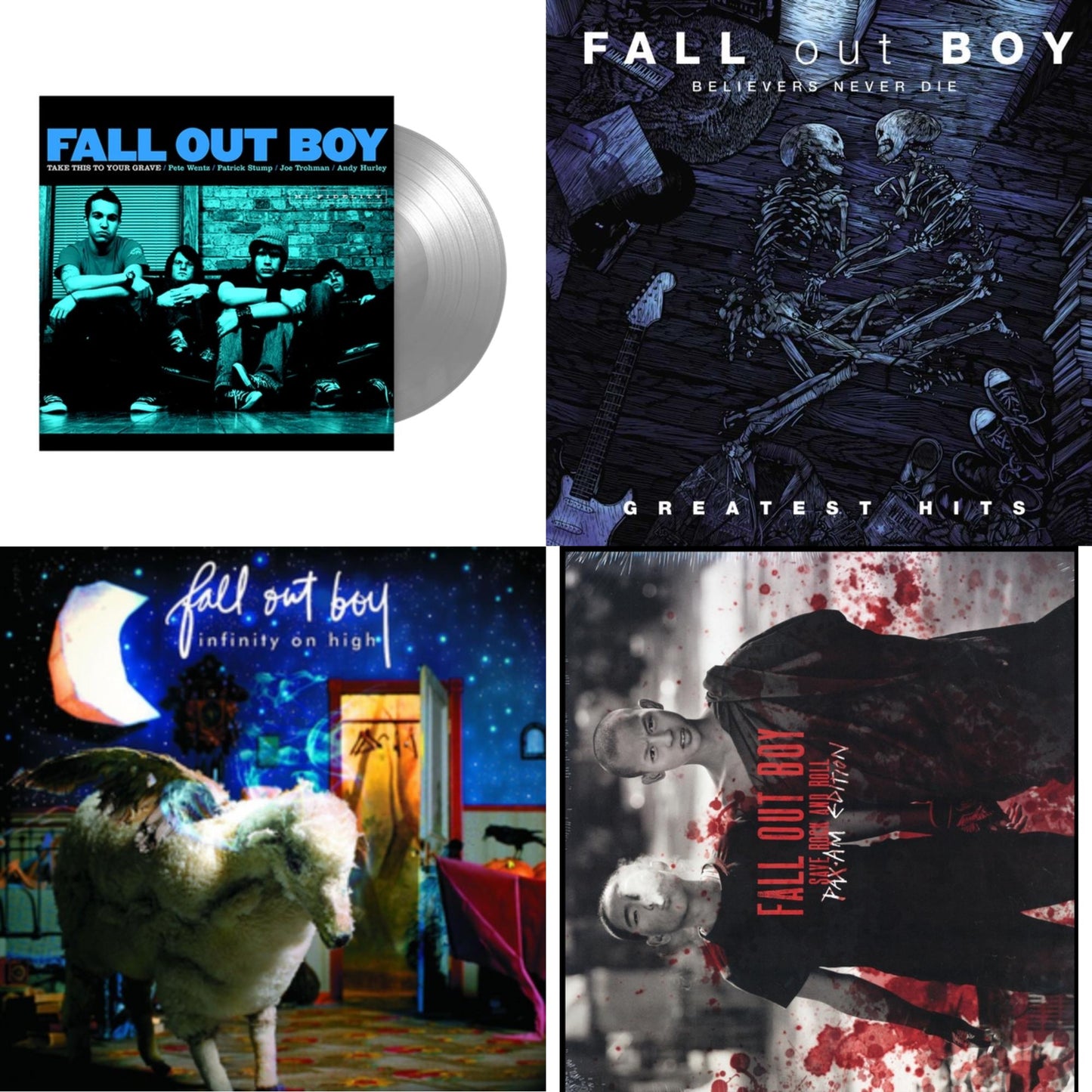 This is a 4 LP Vinyl SKU bundle.
1.This LP Vinyl is brand new.Format: LP VinylMusic Style: Pop PunkThis item's title is: Take This To Your Grave (Fbr 25Th Anniversary Edition/Silver LP Vinyl)Artist: Fall Out BoyLabel: Fueled By RamenBarcode: 075678645594Release Date: 4/30/2021
2.