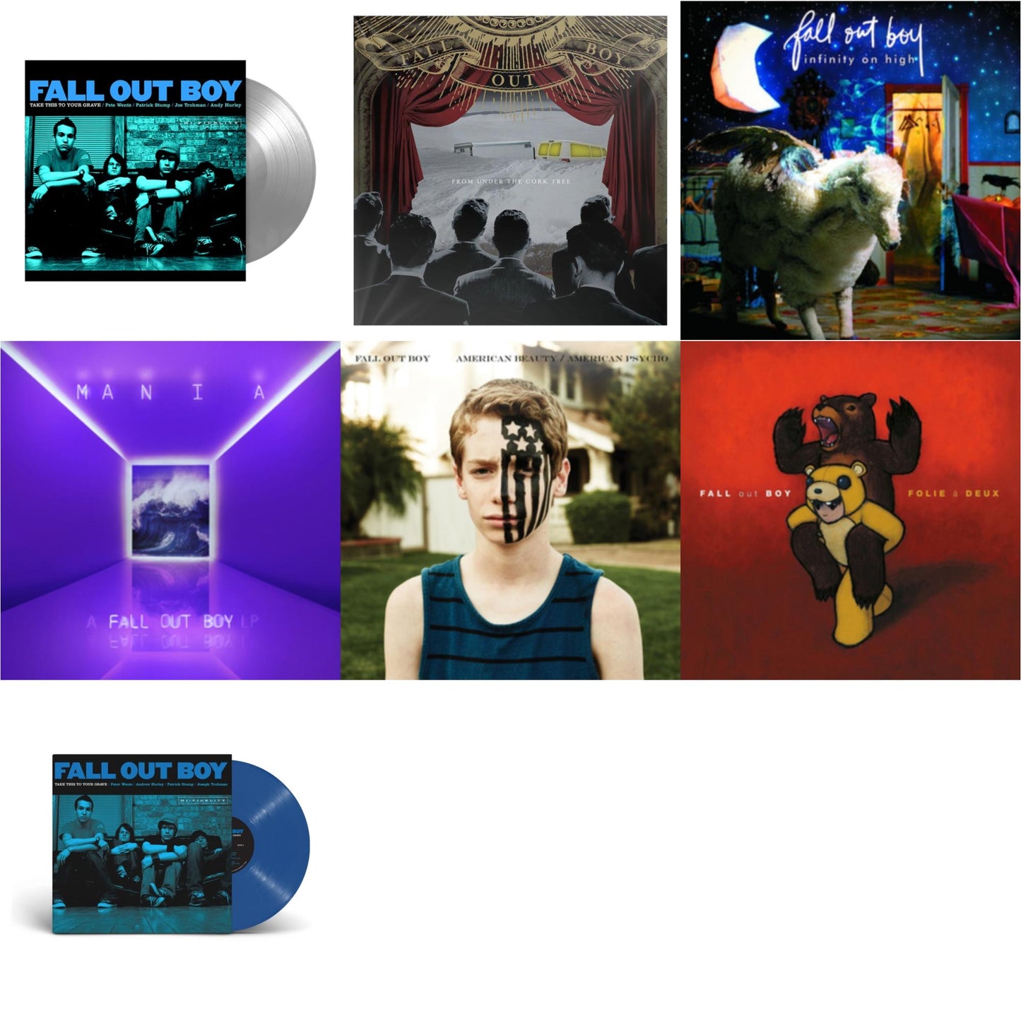 This is a 7 LP Vinyl SKU bundle.
1.This LP Vinyl is brand new.Format: LP VinylThis item's title is: Take This To Your Grave (20Th Anniversary/Blue Jay LP Vinyl)Artist: Fall Out BoyBarcode: 075678613425Release Date: 12/15/2023
2.This LP Vinyl is brand new.