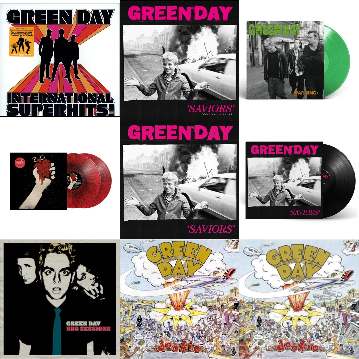 Green Day - International Superhits & Saviors (Edition De Luxe/2LP/Hot Pink W/ White Splatter Vinyl) & Warning (Fluorescent Green LP Vinyl) & American Idiot (2LP/Red & Black Splatter Vinyl) & Saviors (180G/Deluxe LP Vinyl) & Saviors & Bbc Sessions