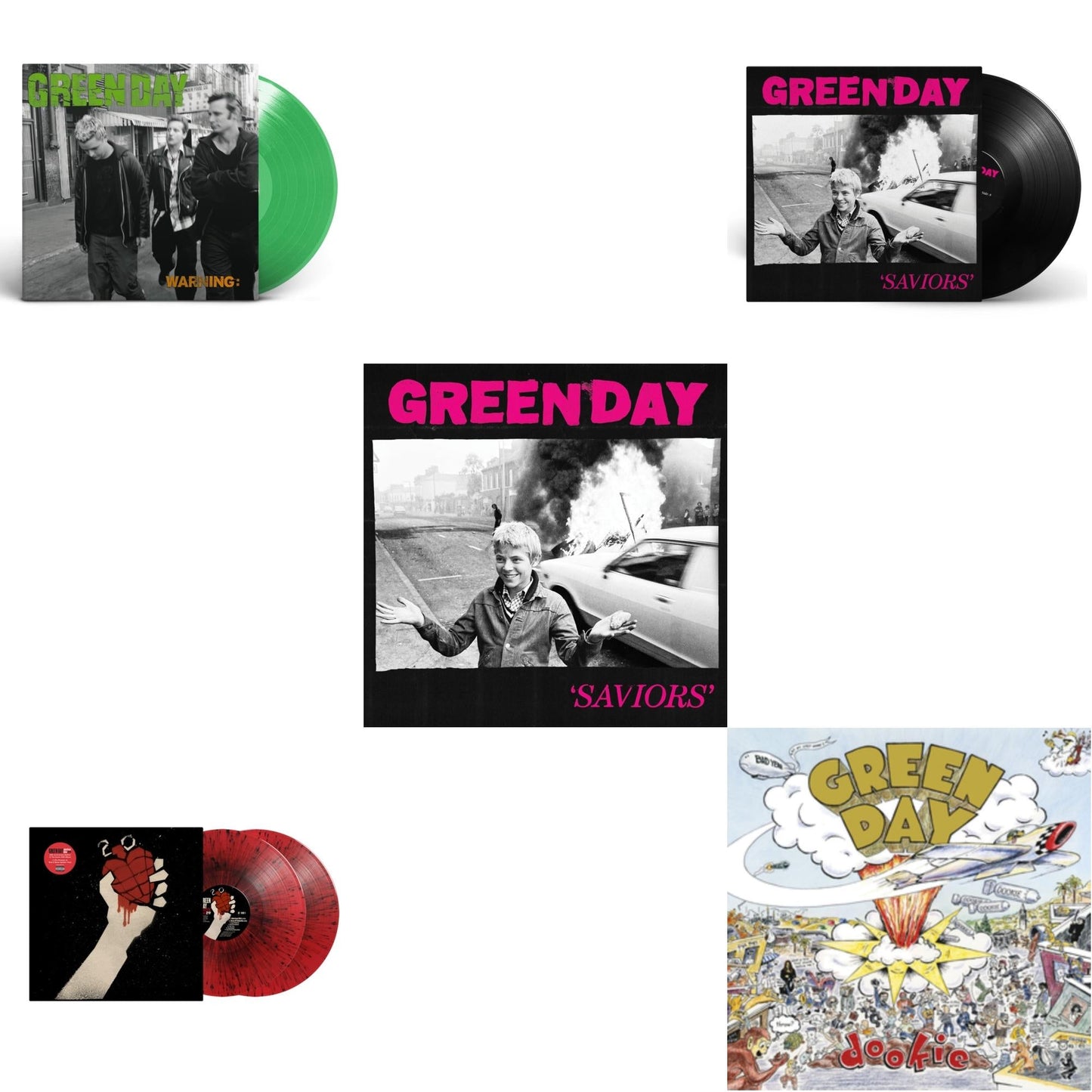 Warning (Fluorescent Green LP Vinyl) & American Idiot (2LP/Red & Black Splatter Vinyl) & Saviors (180G/Deluxe LP Vinyl) & Saviors & Dookie