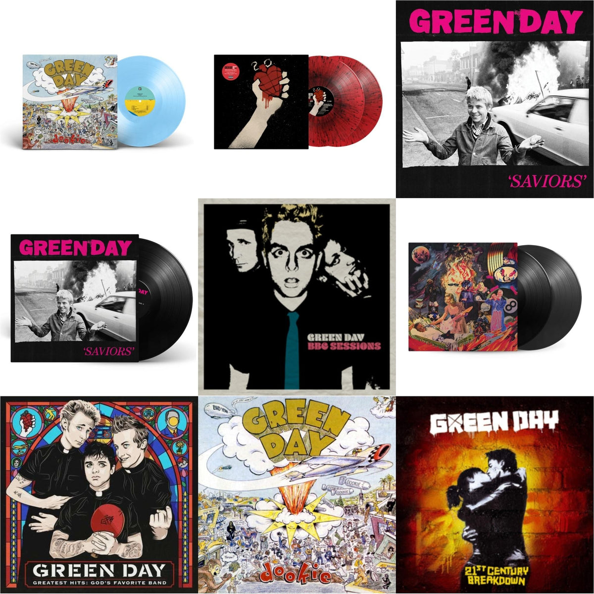 Dookie (X) (Baby Blue LP Vinyl) & American Idiot (2LP/Red & Black Splatter Vinyl) & Saviors (180G/Deluxe LP Vinyl) & Saviors & Bbc Sessions (X) (2LP/Milky Clear Vinyl) (I) & Insomniac (25Th Anniversary/2LP) & Greatest Hits: God's Favorite Band (X)
