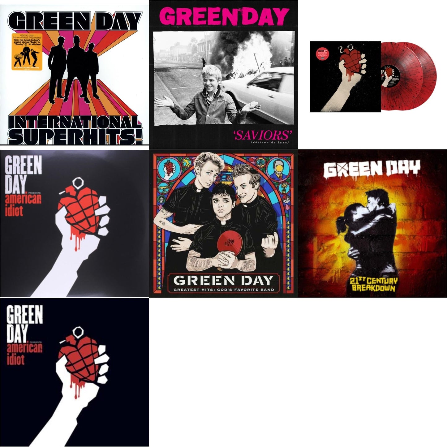 International Superhits & Saviors (Edition De Luxe/2LP/Hot Pink W/ White Splatter Vinyl) & American Idiot (2LP/Red & Black Splatter Vinyl) & American Idiot & Greatest Hits: God's Favorite Band (X) & 21St Century Breakdown & American Idiot (W/Poster)