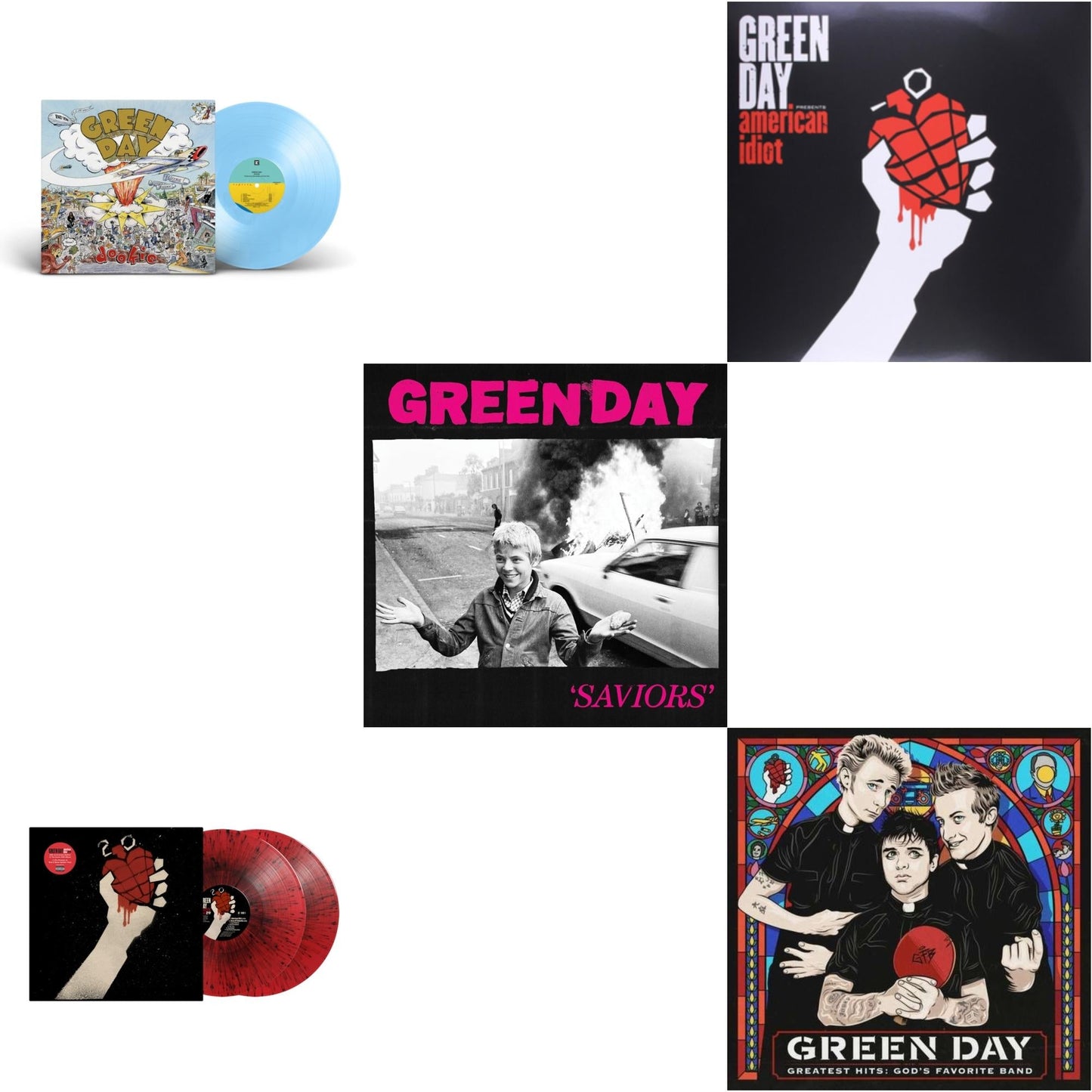 Dookie (X) (Baby Blue LP Vinyl) & American Idiot (2LP/Red & Black Splatter Vinyl) & Saviors (180G/Deluxe LP Vinyl) & American Idiot & Greatest Hits: God's Favorite Band (X)